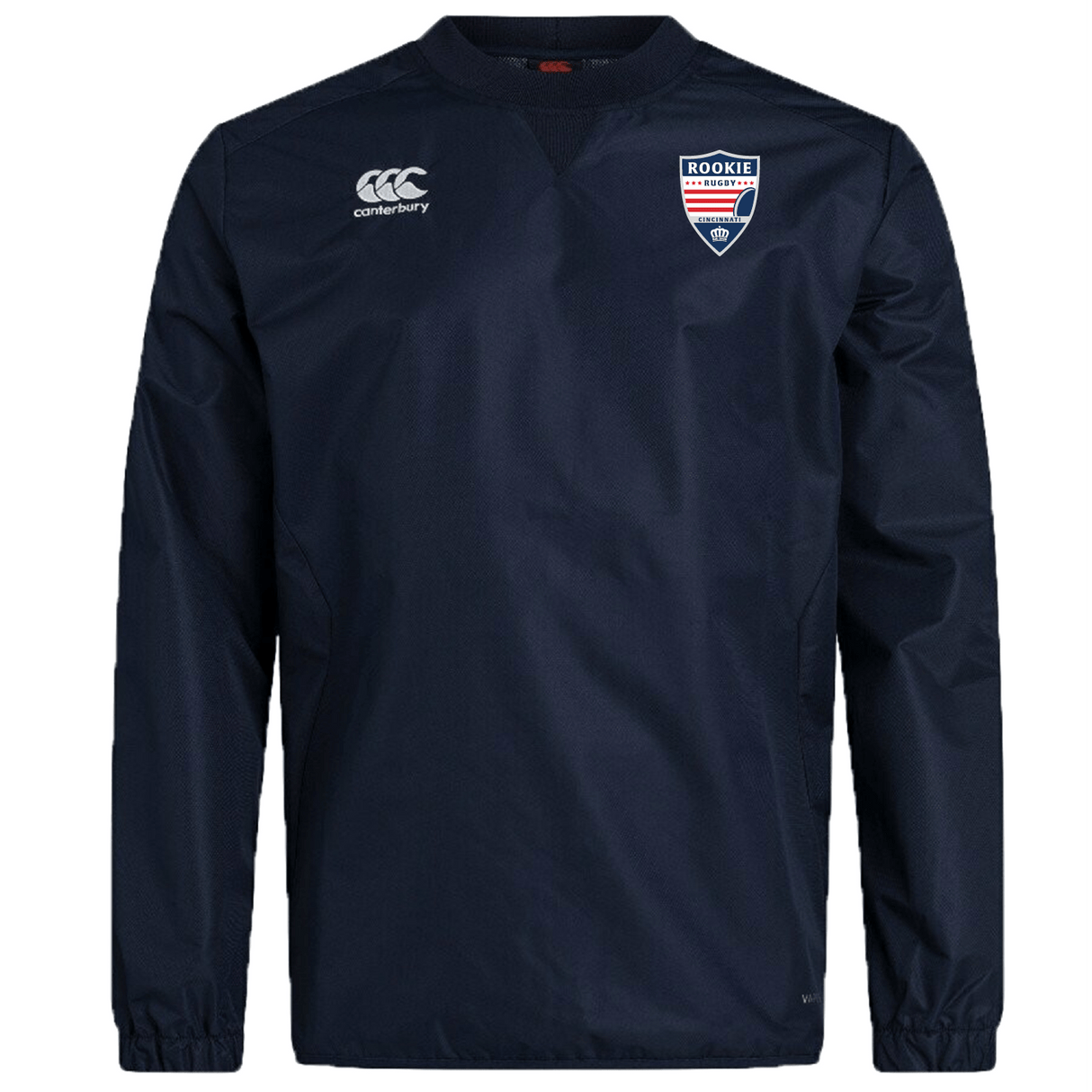 Navy blue long-sleeve Cincinnati Rookie Rugby Club Vaposhield contact top by EMB Canterbury with a small Canterbury logo on the right chest and a "rookie" emblem on the left chest, featuring Vaposhield water repellent technology.
