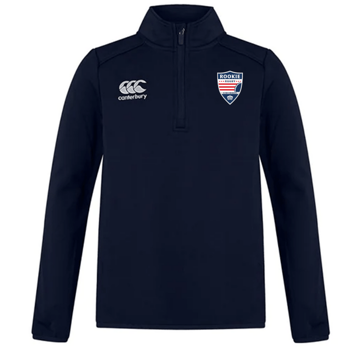 A black rugby training top with a EMB Canterbury logo on it.