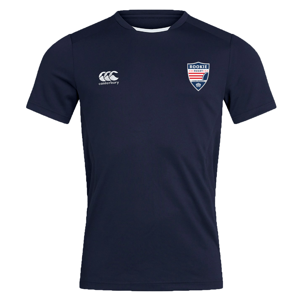 Navy blue breathable sports t-shirt with EMB Canterbury logo on the right chest and a 'Cincinnati Rookie Rugby Club Dry Tee by Canterbury' badge on the left chest.