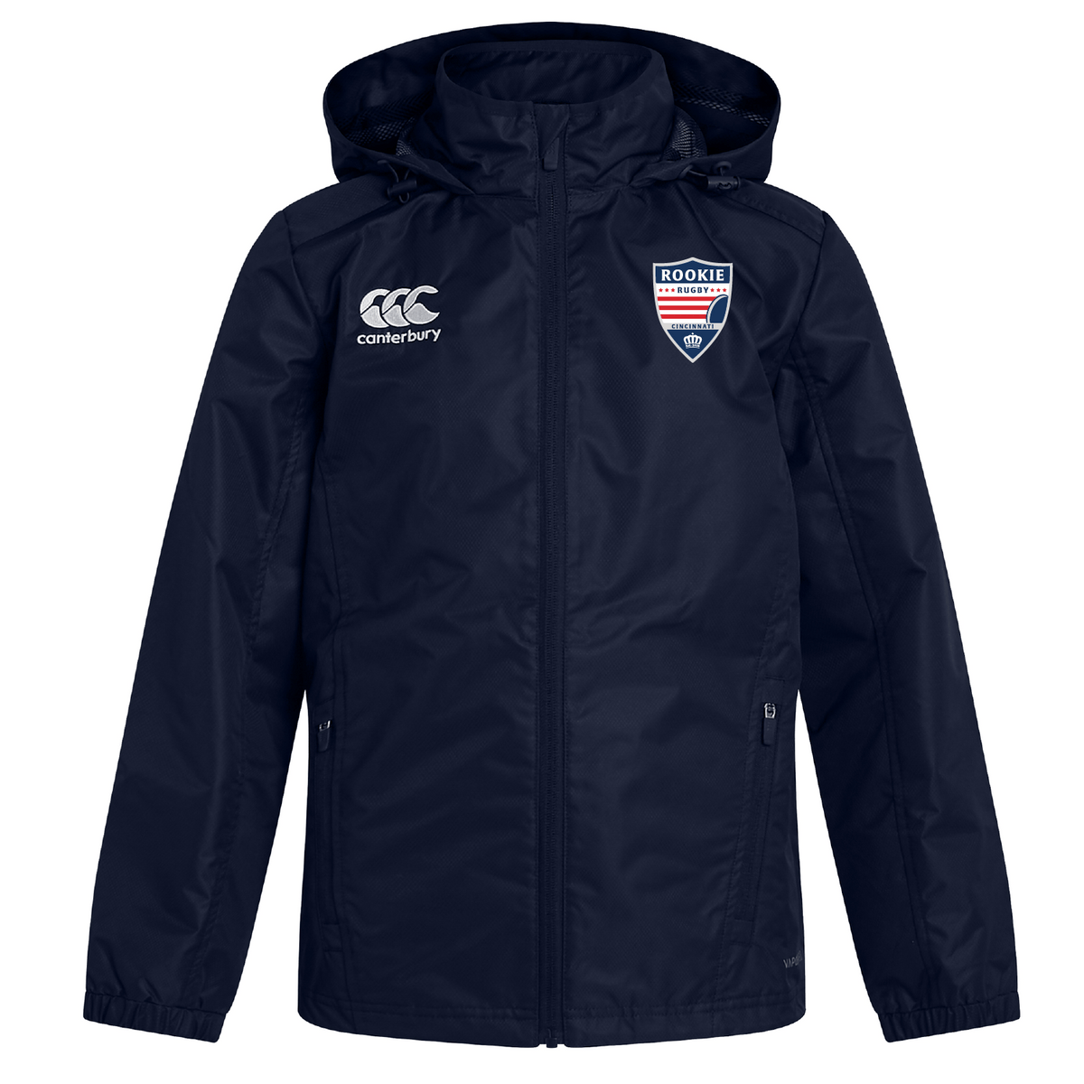 Navy blue EMB Canterbury jacket with VapoShield technology, featuring a hood and a white "ccc" logo on the right chest, designed as a water-resistant rain jacket with a Cincinnati Rookie Rugby Club badge on the left.