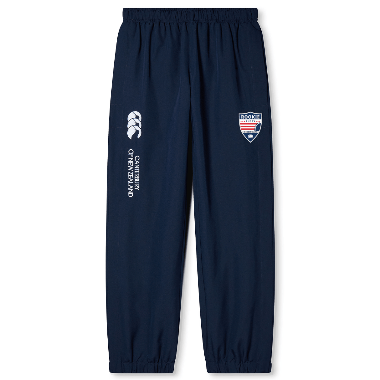 Navy blue sweatpants featuring a EMB Canterbury logo and basketball icon on the left thigh, with a Cincinnati basketball shield emblem on the right thigh and cuffed hems.