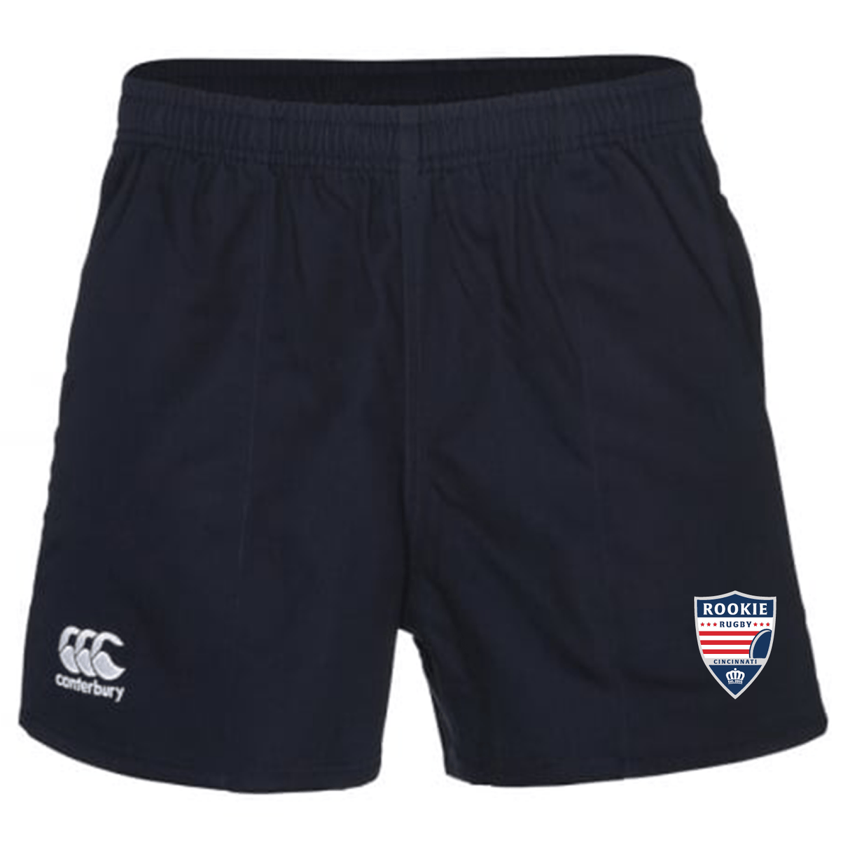 A pair of navy blue EMB Canterbury rugby shorts with a white EMB Canterbury logo and a 'rookie rugby' badge on the left leg.