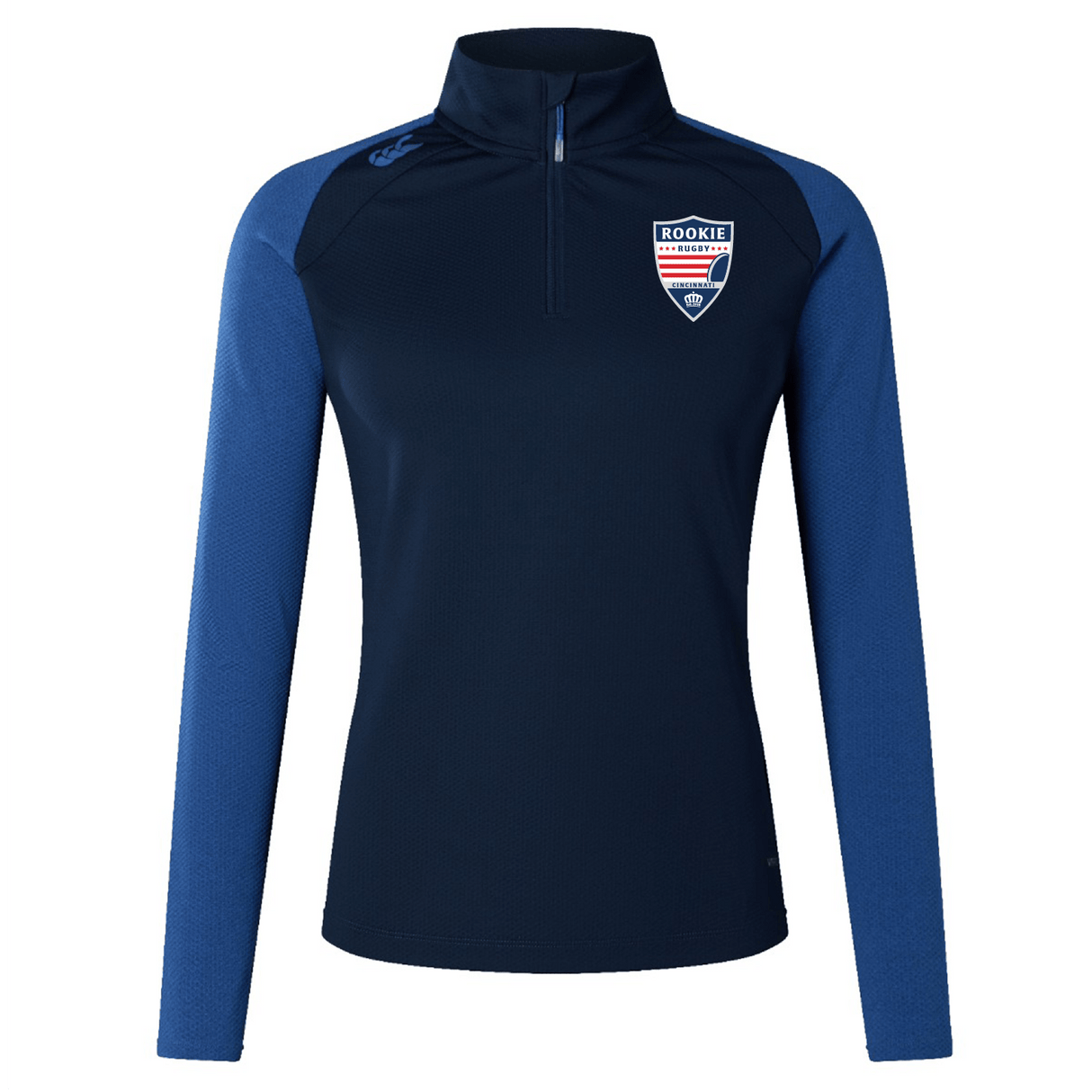 Navy blue athletic long-sleeve top made from honeycomb fabric, with zip half-closure and logo on the left chest, isolated on a white background. Cincinnati Rookie Rugby Women's Elite First Layer by EMB Canterbury.