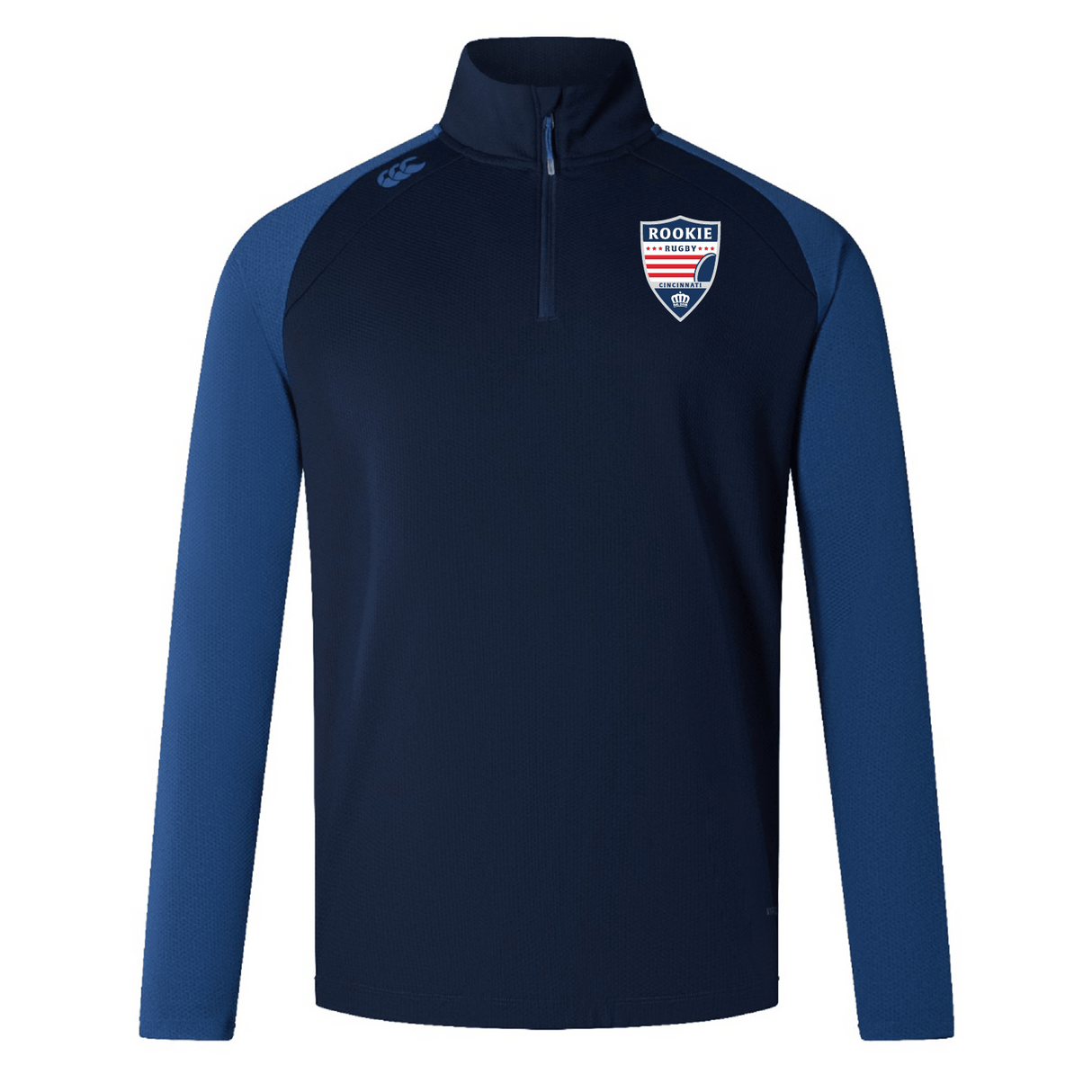 Navy blue quarter-zip long-sleeve sport pullover with a light blue side panel, featuring a Cincinnati Rookie Rugby Elite First Layer badge and EMB Canterbury logo on the chest. Designed with moisture-wicking VapoDri technology, perfect for rugby training.