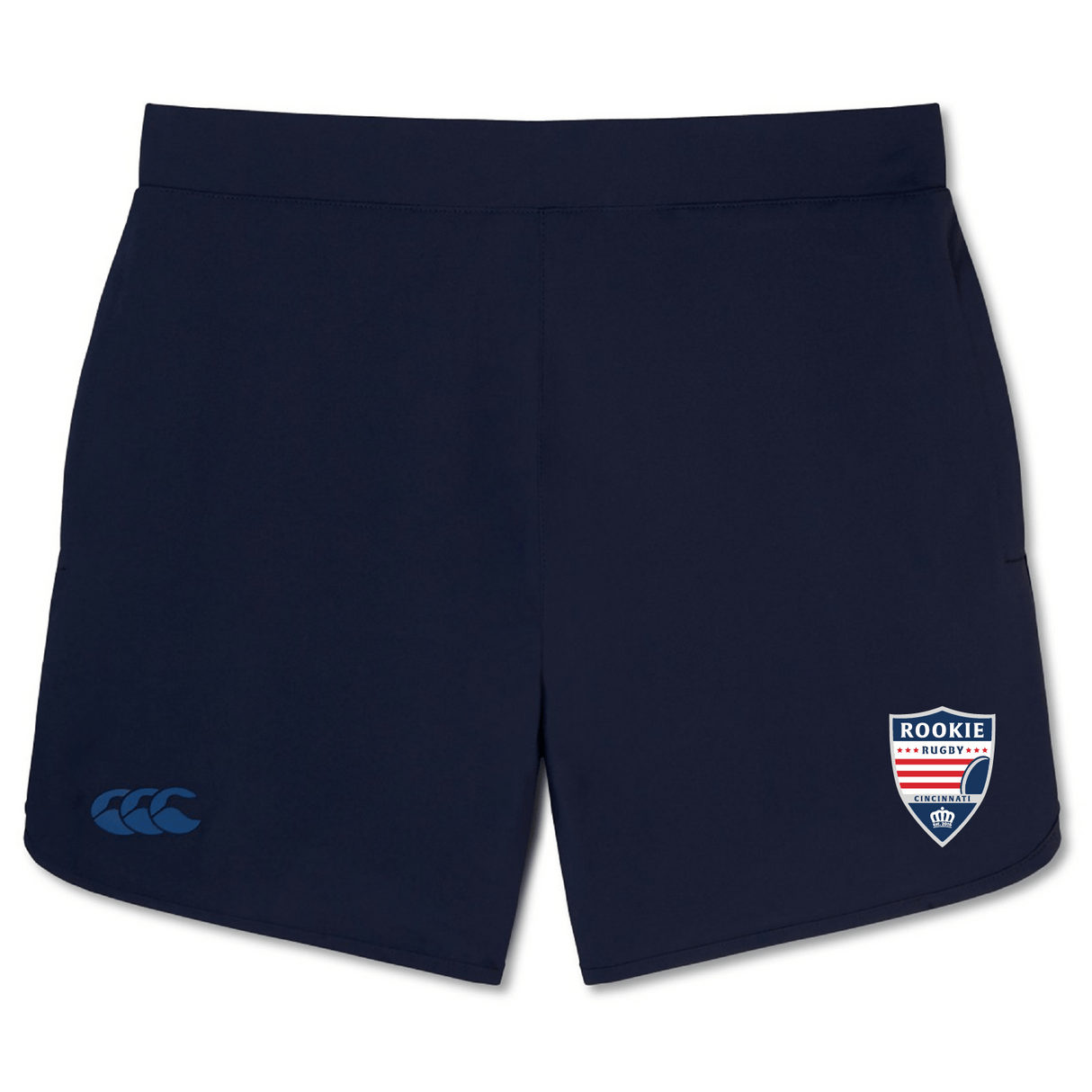 Navy blue Cincinnati Rookie Rugby Elite Woven gym shorts by EMB Canterbury with a logo on the left leg and a "rookie rugby" badge on the right leg, displayed against a white background.