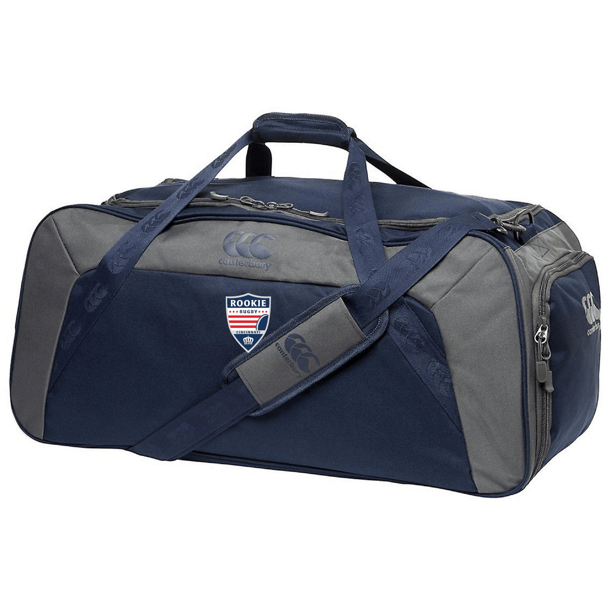Navy blue Cincinnati Rookie Rugby Holdall duffel bag with EMB Canterbury logo, sturdy handles, and shoulder strap, featuring multiple compartments.