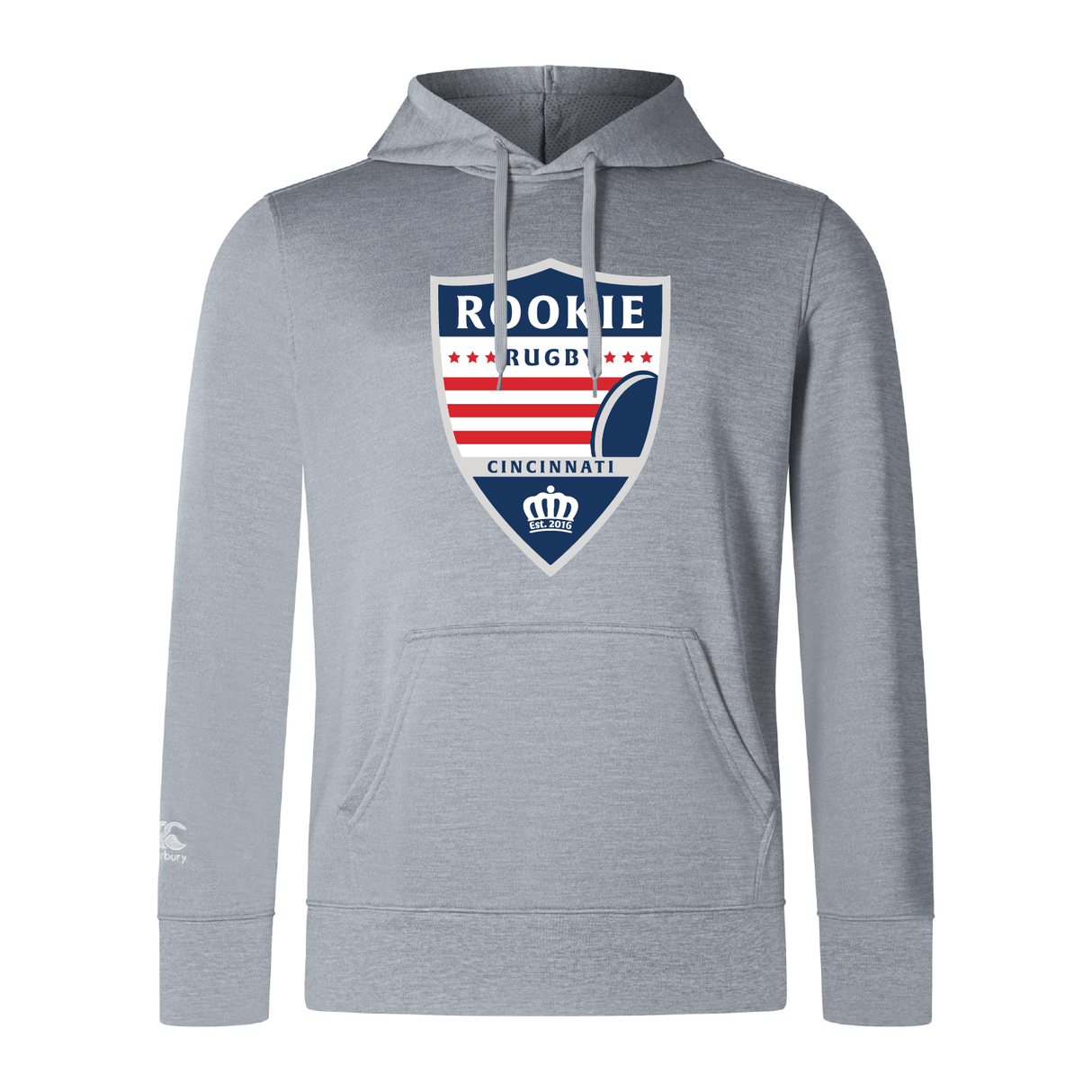 Gray Cincinnati Rookie Rugby Club Lightweight Hoodie by WRS Canterbury with "rookie rugby cincinnati" logo featuring a shield, stars, and a rugby ball, displayed on a plain background.
