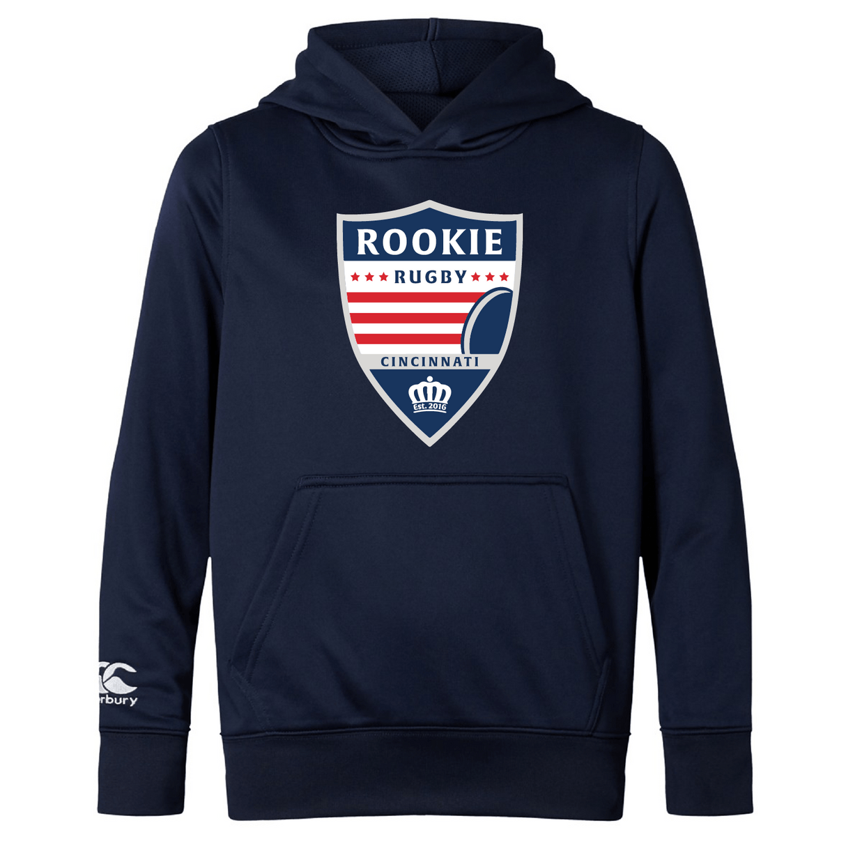 Navy blue hooded sweatshirt with "Cincinnati Rookie Rugby Club" logo and WRS Canterbury brand logo on the sleeve, featuring a kangaroo pocket.