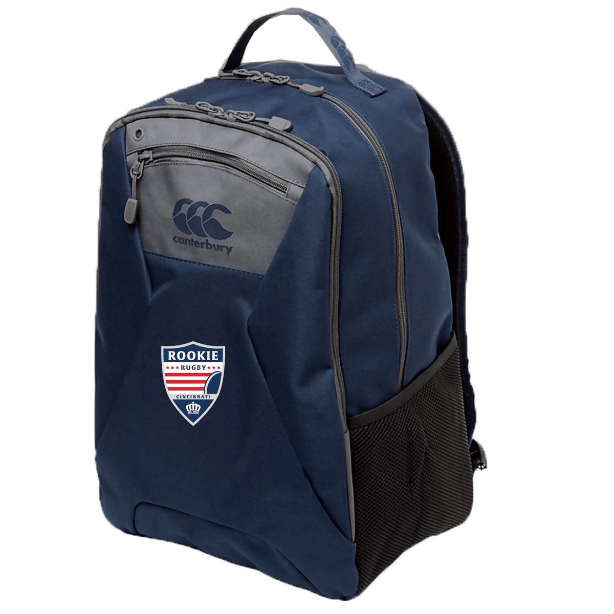 A navy blue Cincinnati Rookie Rugby Medium Backpack by EMB Canterbury with multiple zippers, a padded laptop pocket, and a mesh side pocket, displayed against a white background.