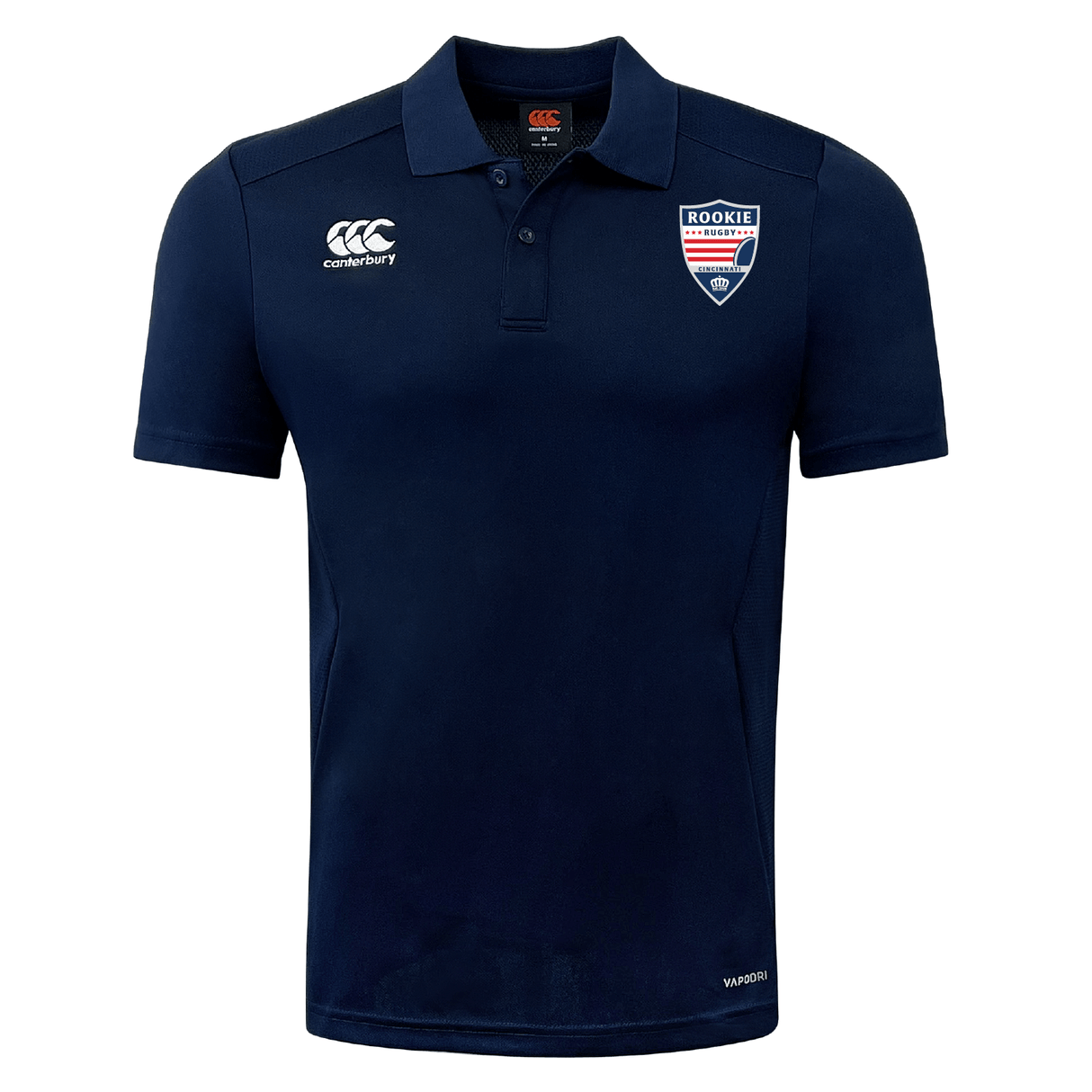 Navy blue EMB Canterbury Cincinnati Rookie Rugby Club Dry Polo with white logos on the chest, featuring a collar and short sleeves, displayed against a white background.