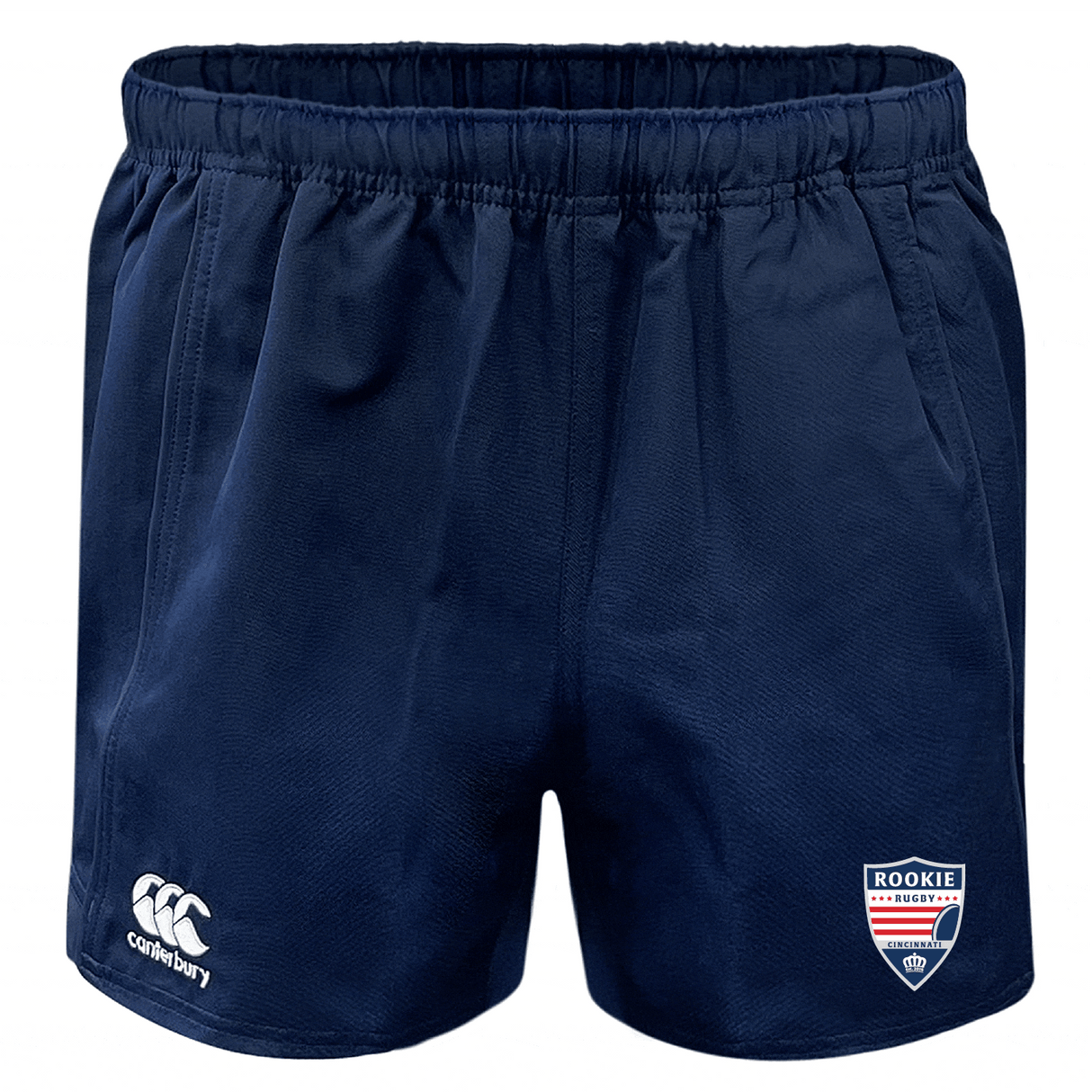 Cincinnati Rookie Rugby Advantage Rugby Shorts by EMB Canterbury with an elastic waistband, featuring a white EMB Canterbury logo on the left leg and a "rookie" label on the right, crafted from moisture wicking fabric.