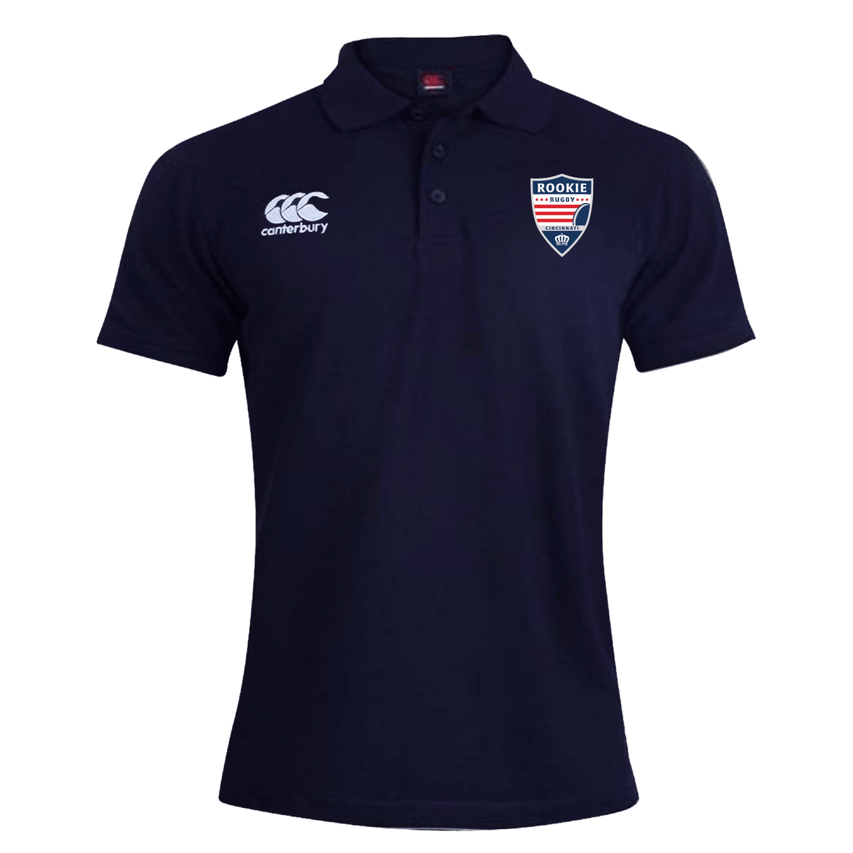 Navy blue Cotton Polyester Polo with embroidered EMB Canterbury logo on right chest and Cincinnati Rookie Rugby Waimak logo on left chest, displayed against a plain background.