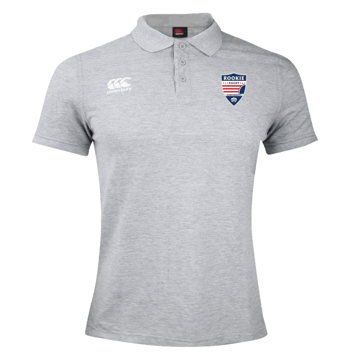 Gray CCC Waimak Rugby Polo with EMB Canterbury and Rookie logos on the chest, displayed on a plain white background.