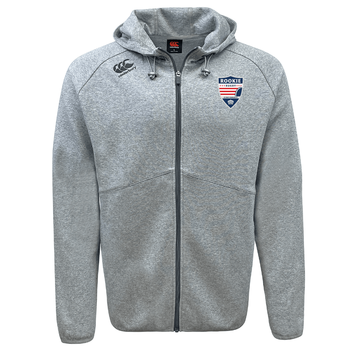 Gray Cincinnati Rookie Rugby Tempo Vapodri Full-Zip Hoodie by EMB Canterbury with front zipper, featuring embroidered Canterbury branding on the chest and a rookie badge.