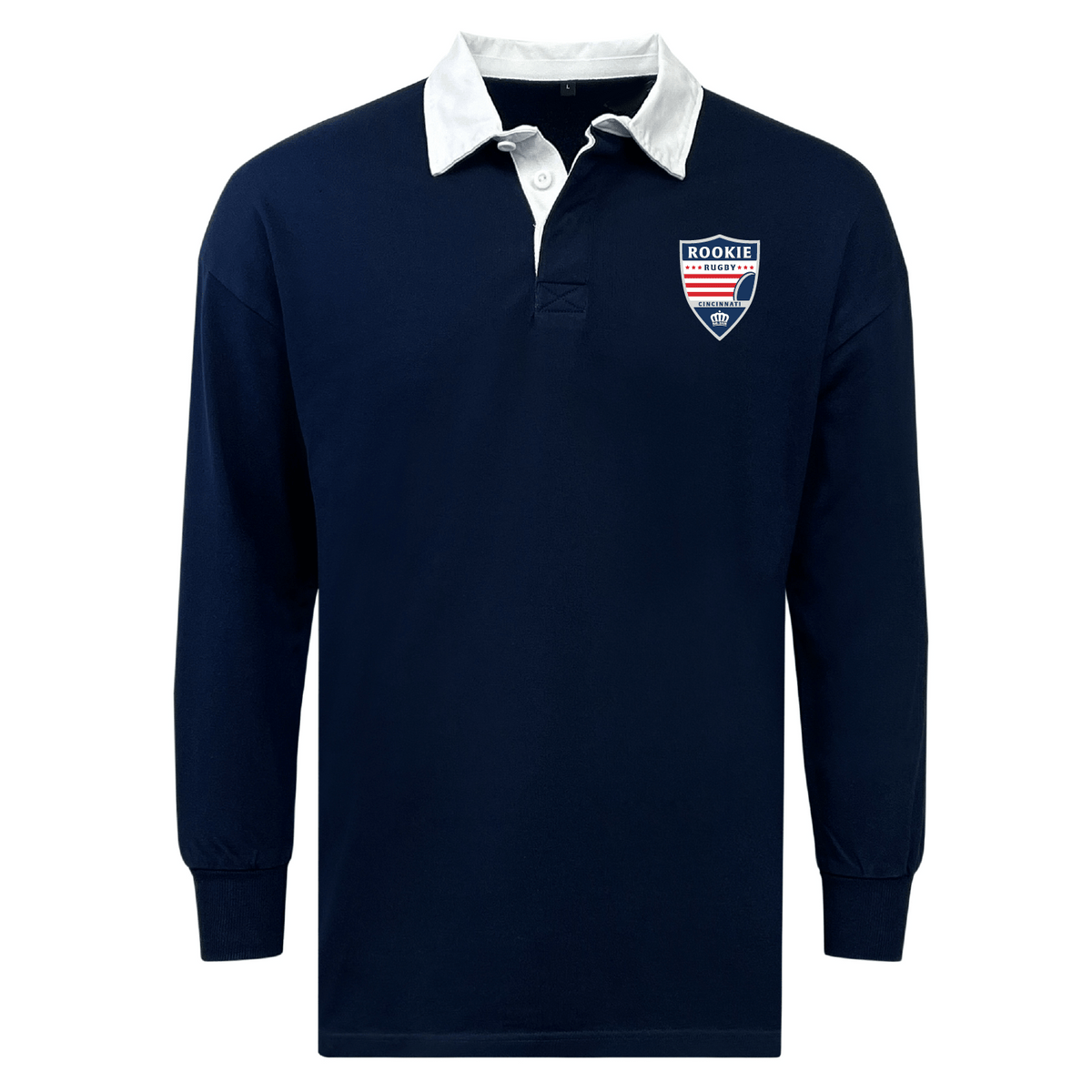 Long-sleeve navy blue Cincinnati Rookie Rugby Classic solid rugby jersey with a white collar and a red and white "rookie" crest on the left chest.