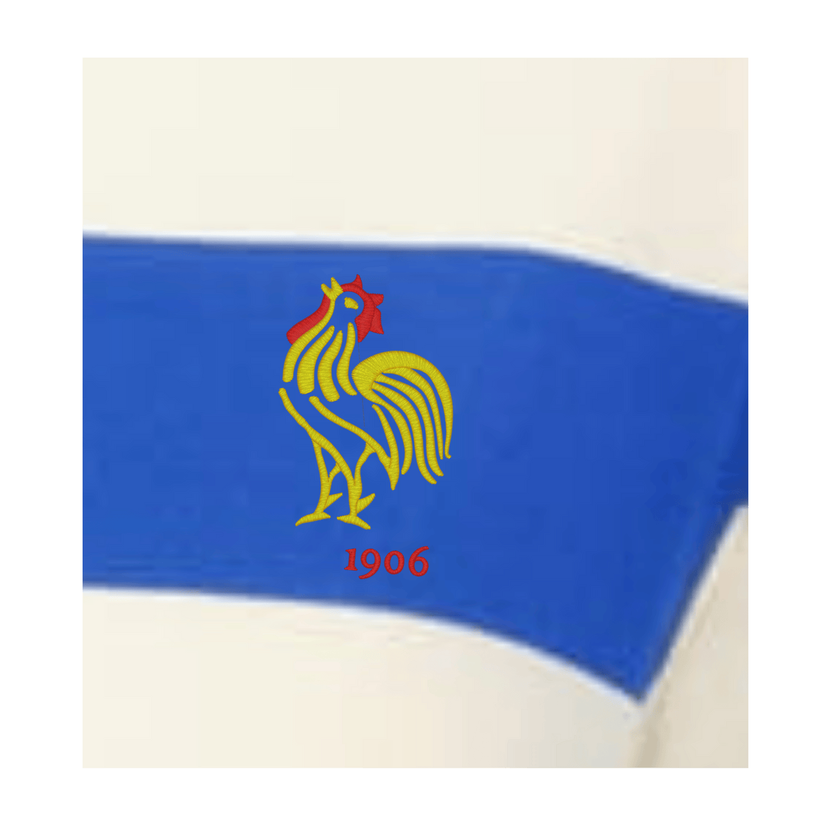 Show your love for women's prep street rugby with the EMB Augusta Women's Vintage France Prep Street Rugby Crop, featuring a yellow rooster with red accents and "1906" on a blue stripe over a white background.