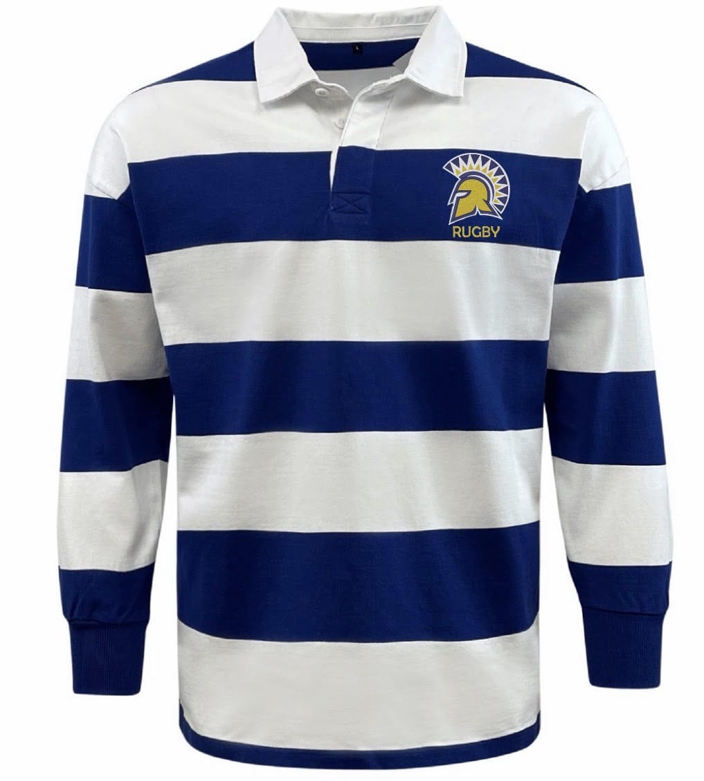 The EMB Mudoo Spartan Rugby Classic Long Sleeve Hooped Rugby Jersey features bold blue and white stripes and a Spartan helmet "RUGBY" patch on the left chest.