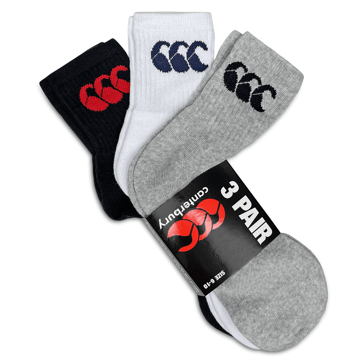 Three pairs of Canterbury Cotton Crew Socks with the Canterbury logo made from cotton-rich fabric for ultimate comfort.