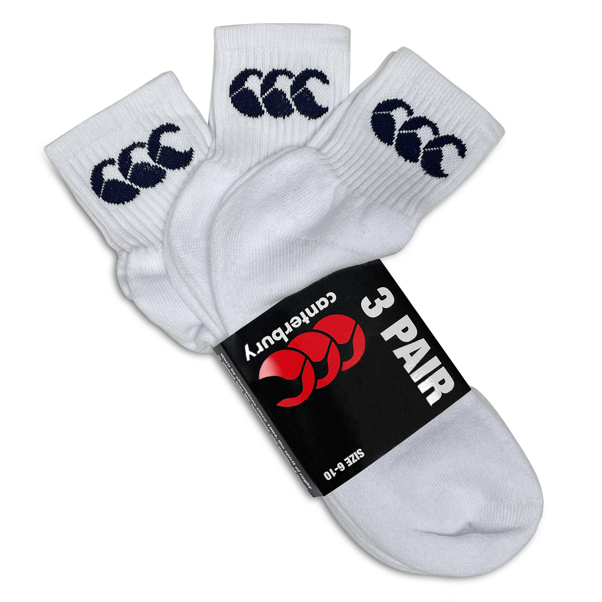Three pairs of Canterbury Cotton Crew Socks with the Canterbury logo on them, made from cotton-rich fabric.