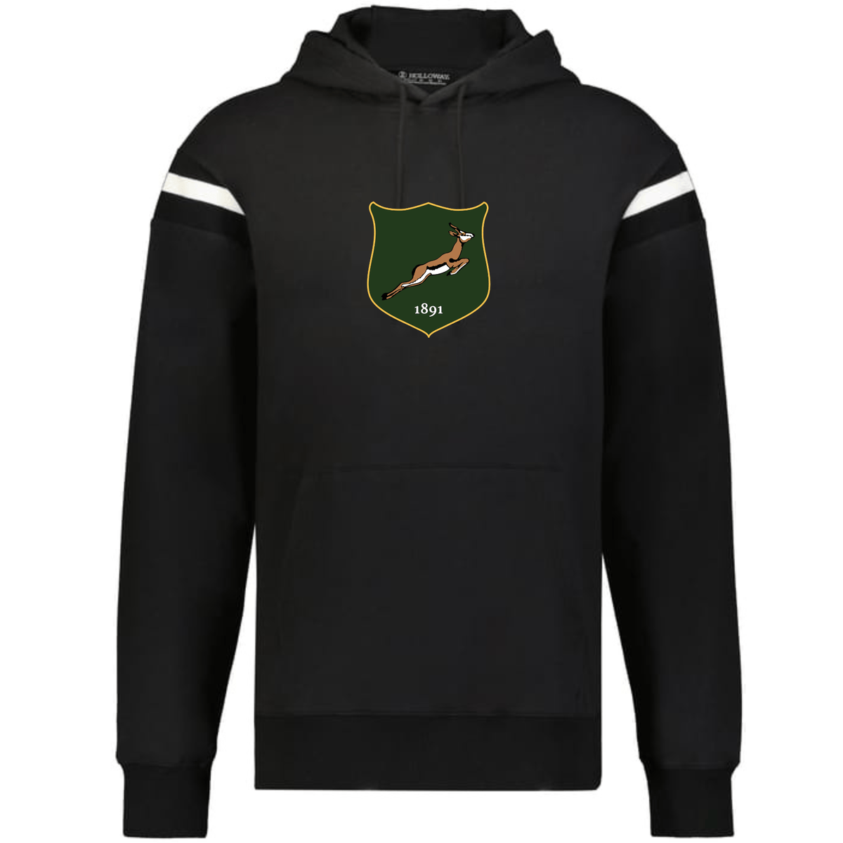 The South Africa Heritage Prep Vintage Shield Hoodie by WRS Augusta features a black design, white sleeve stripes, and a central green and gold shield with a leaping springbok and "1891" for classic, vintage flair.