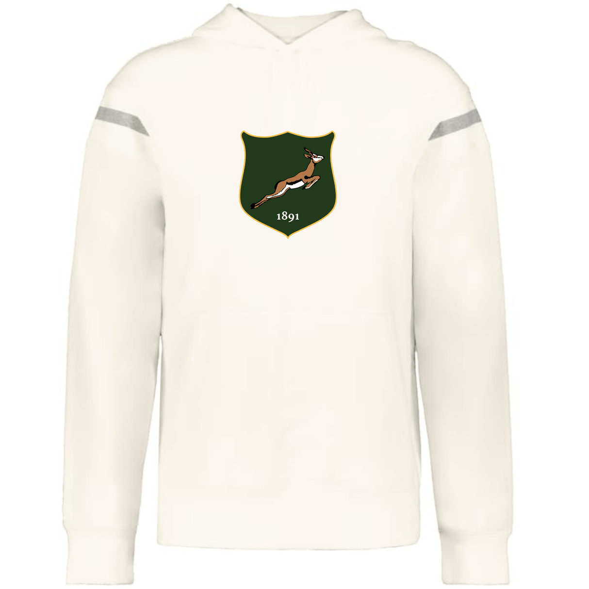 The WRS Augusta South Africa Heritage Prep Vintage Shield Hoodie features an off-white design, green springbok and "1891" chest logo, and silver sleeve stripes—ideal for South Africa rugby fans.