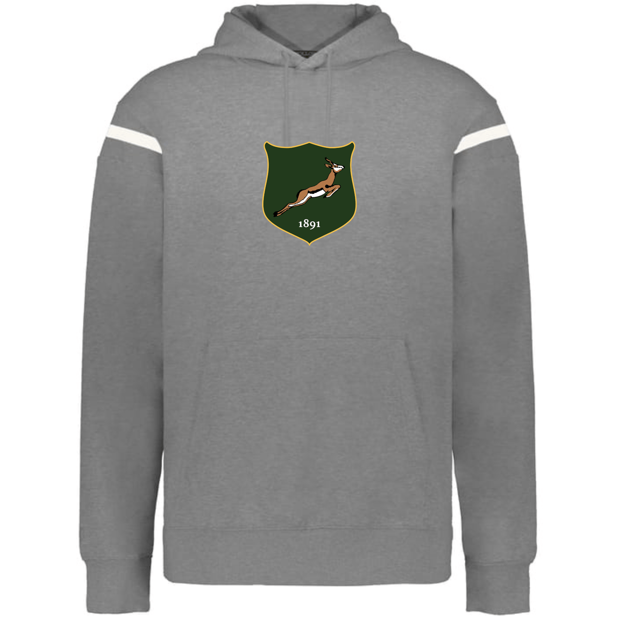 The WRS Augusta South Africa Heritage Prep Vintage Shield Hoodie features a gray design with white sleeve stripes, a green vintage shield, leaping springbok, and "1891" on the chest—a classic pick for fans.