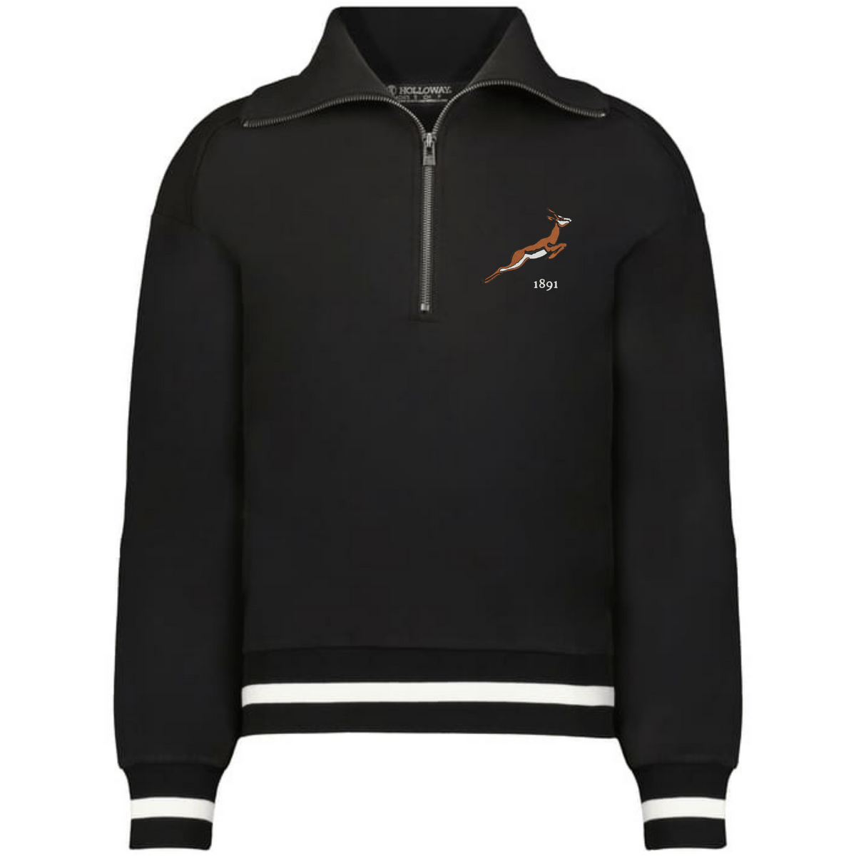 The EMB Augusta Women's Vintage South Africa Heritage Prep Pullover features a black half-zip, white stripe accents, and a leaping antelope "1891" graphic on the chest for classic style.