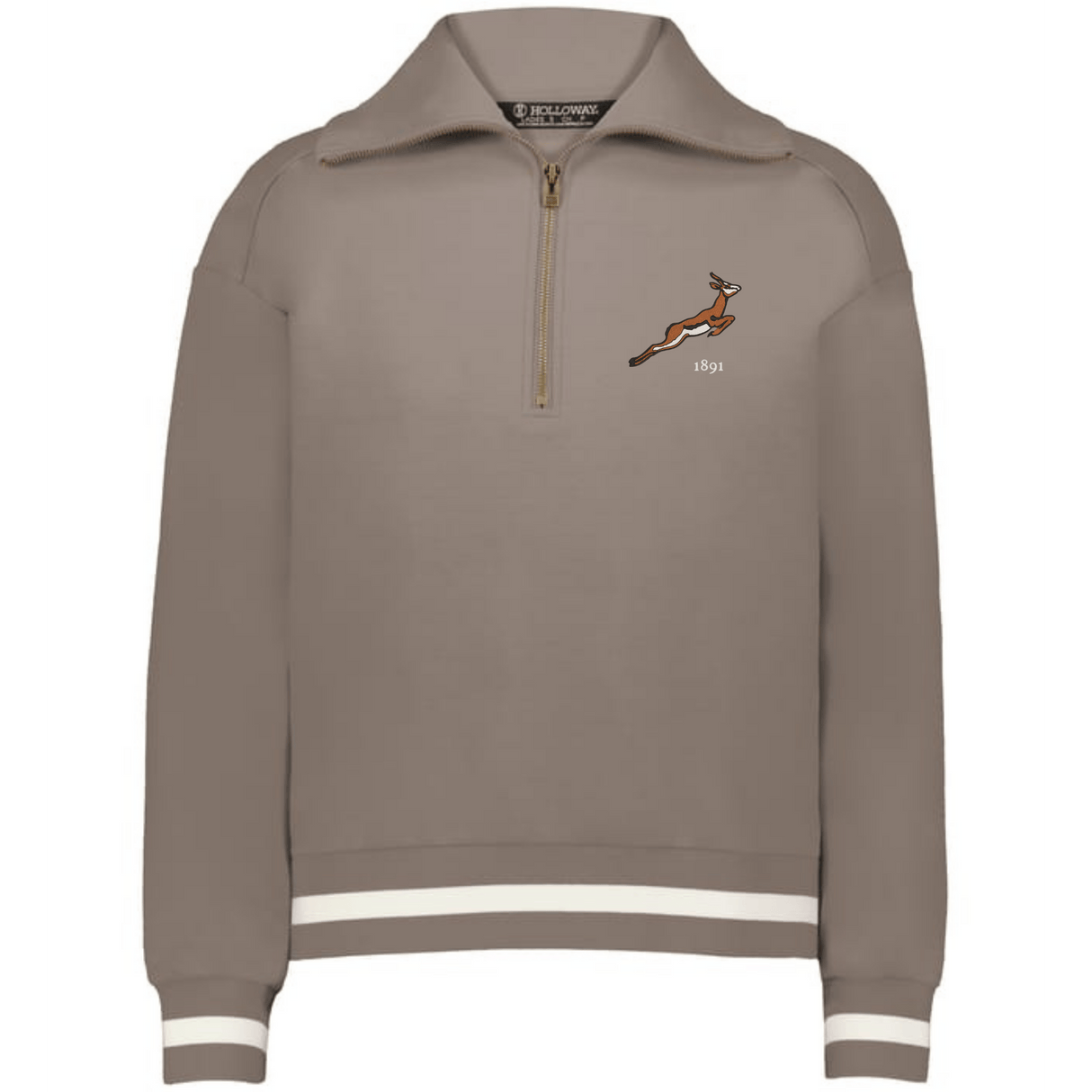 The EMB Augusta Women’s Vintage South Africa Heritage Prep Pullover features taupe fabric, white cuff and hem stripes, a leaping antelope, and "1891" on the chest—blending classic style with a nod to South African heritage.