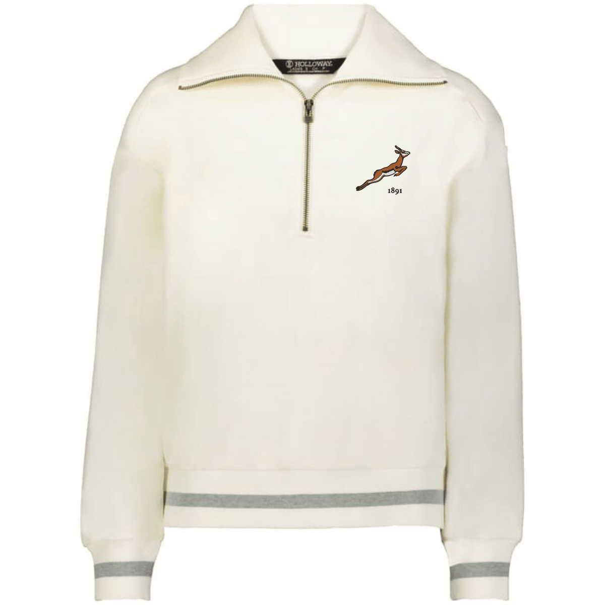 The EMB Augusta Women's Vintage South Africa Heritage Prep Pullover is cream-colored with gray-striped cuffs and hem, featuring a small brown antelope logo and "1891" on the left chest for a classic, vintage look.