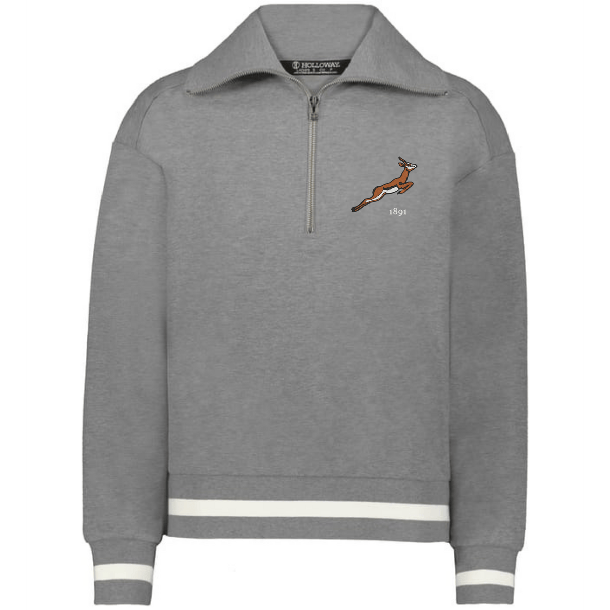 The EMB Augusta Women's Vintage South Africa Heritage Prep Pullover is a gray quarter-zip with white striped cuffs and hem, embroidered with a leaping antelope and "1891" on the left chest.