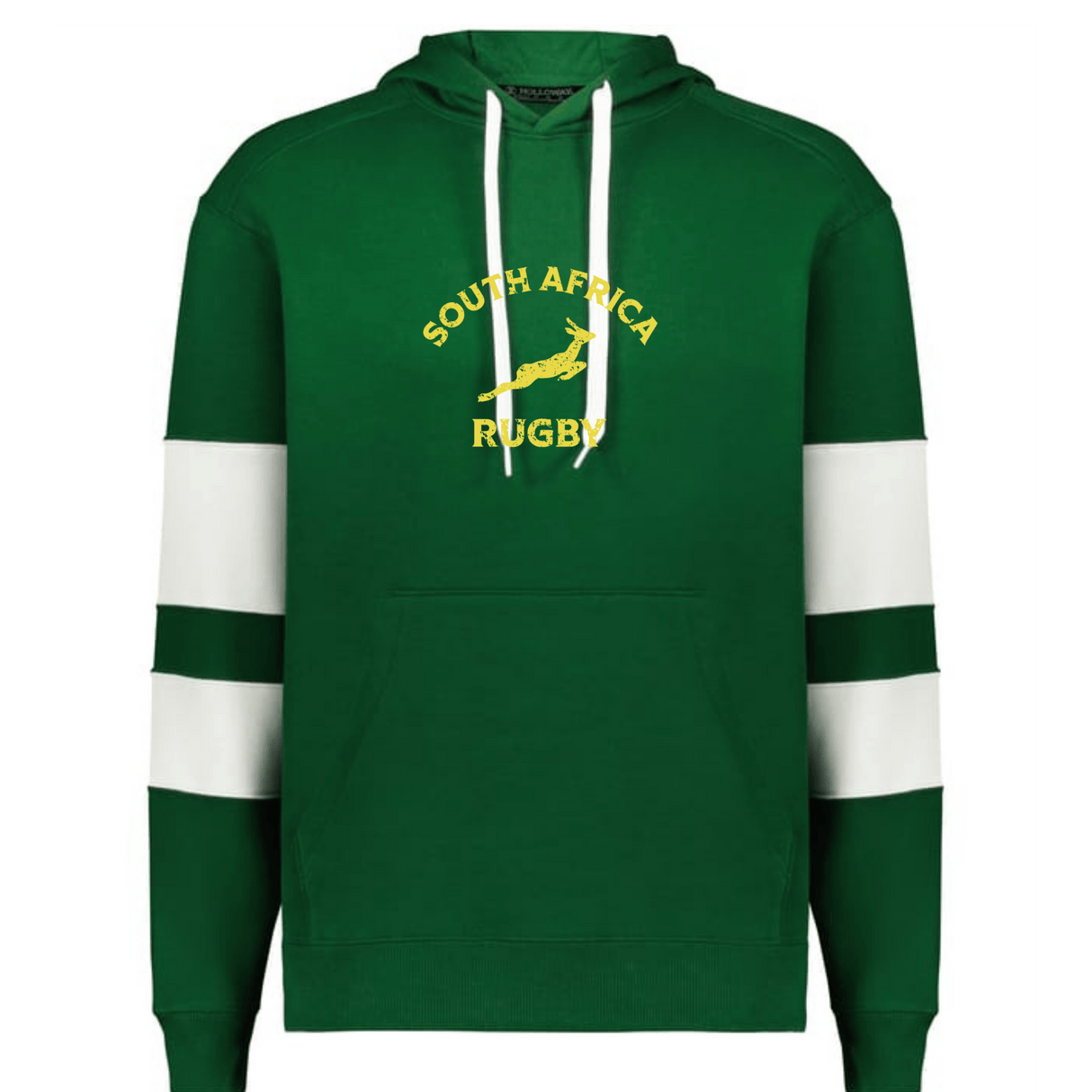 The WRS Augusta Nations of Rugby South Africa Jackson Way Hoodie is green with white drawstrings, sleeve stripes, and "South Africa Rugby" plus a yellow springbok logo printed on the chest.