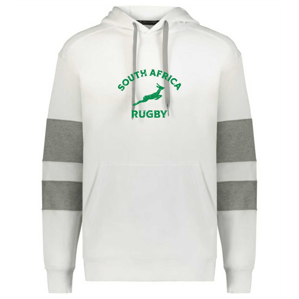 Cheer on your team in the Nations of Rugby South Africa Jackson Way Hoodie by WRS Augusta—white with gray sleeve stripes, a front pocket, “South Africa Rugby” text, and a green springbok logo on the chest.