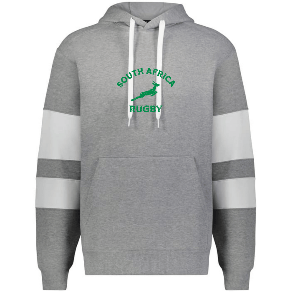 The WRS Augusta Nations of Rugby South Africa Jackson Way Hoodie is grey with white sleeve stripes, a green "South Africa Rugby" logo, and a bold leaping antelope graphic on the chest.