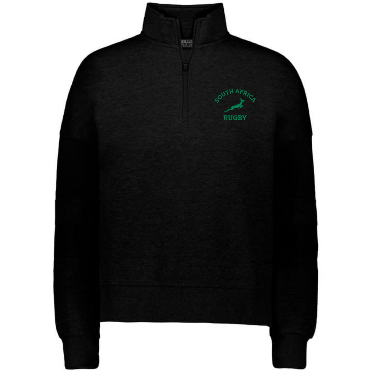 The EMB Augusta Women's Nations of Rugby South Africa Jackson Way Pullover is a black quarter-zip featuring "South Africa Rugby" and a green springbok logo—ideal for rugby supporters.