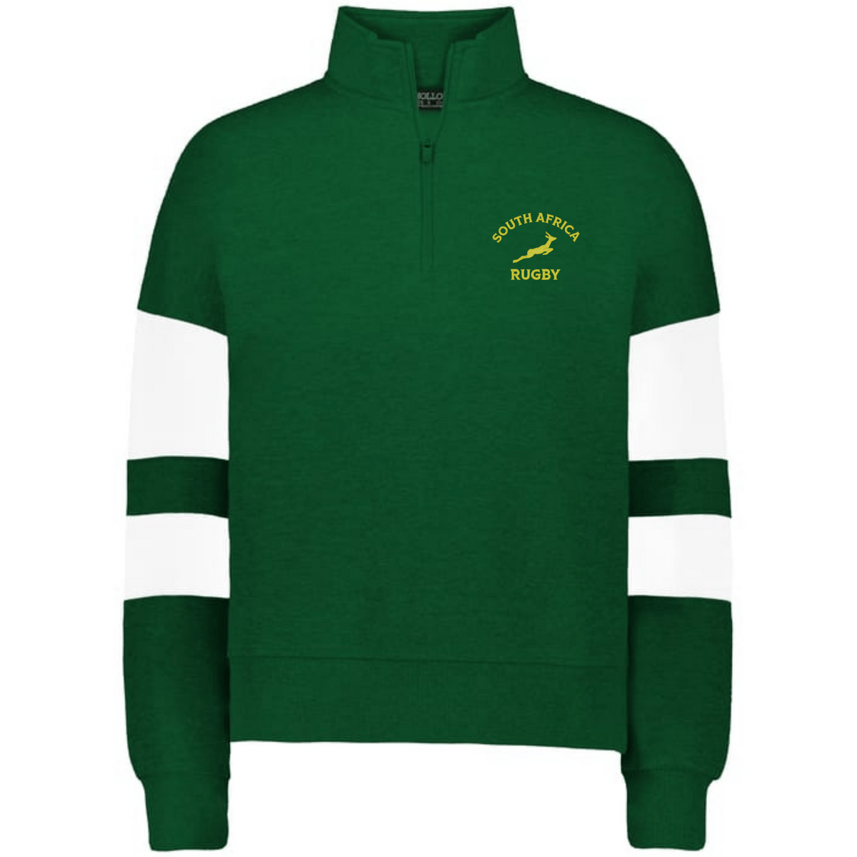 The EMB Augusta Women's Nations of Rugby South Africa Jackson Way Pullover is green with white sleeve stripes, a yellow "South Africa Rugby" chest logo, and features a classic rugby supporter style.