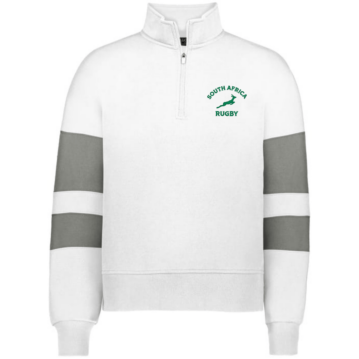 Show your team pride in the EMB Augusta Women's Nations of Rugby South Africa Jackson Way Pullover—a white quarter-zip cropped fleece with grey arm stripes and a green "South Africa Rugby" springbok logo on the chest.