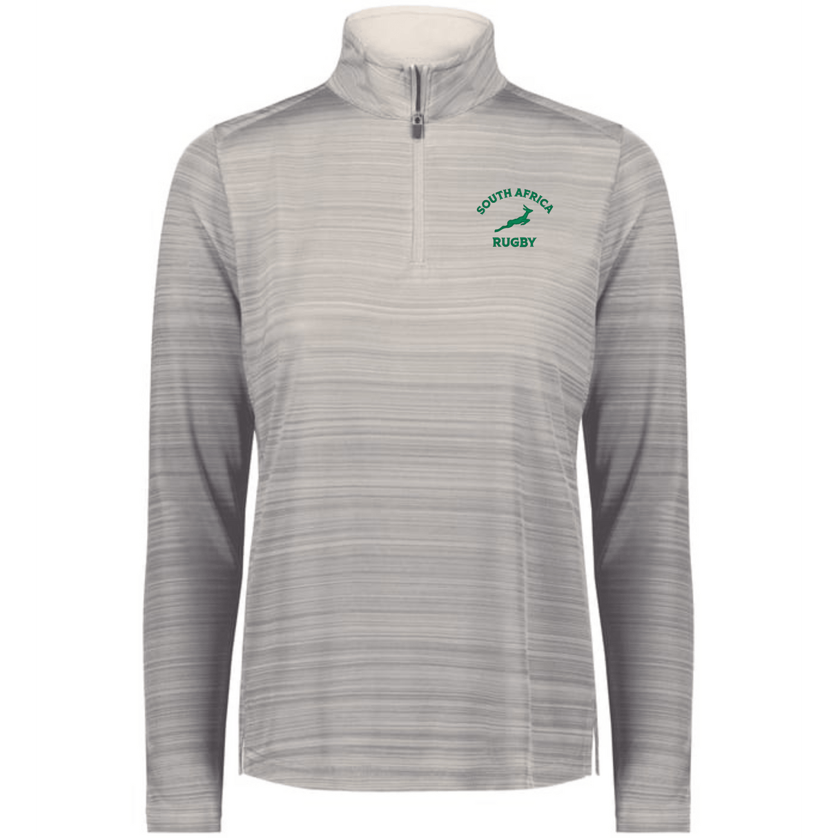 The EMB Augusta Women's Nations of Rugby South Africa Pursuit 1/4 Zip Pullover is a light gray, moisture-wicking top with subtle stripes and the iconic green springbok logo on the left chest.