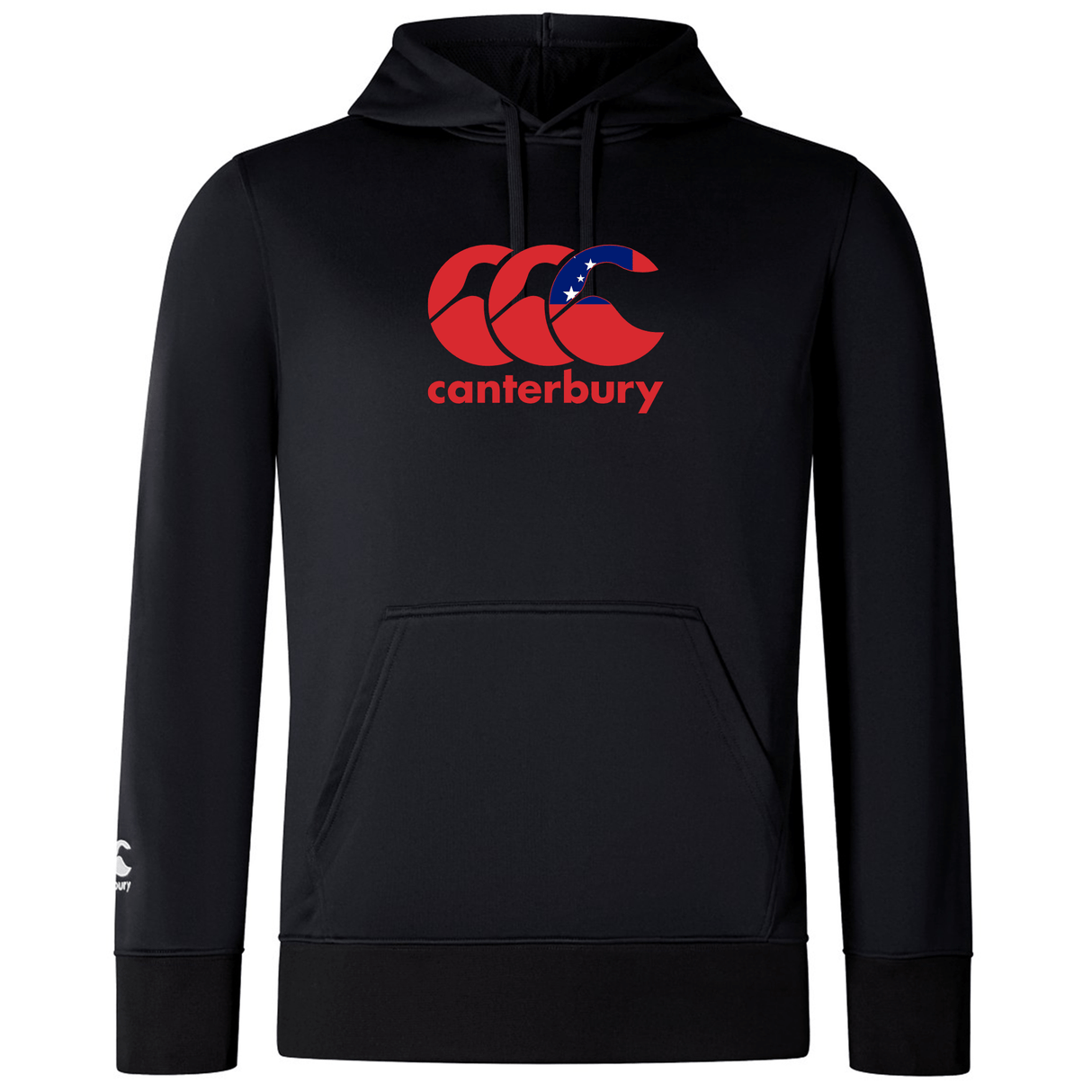 The Canterbury Samoa CCC Club Lightweight Hoodie by WRS Canterbury is a lightweight black hoodie with the iconic logo and bold red text on the front, complete with CCC neck tape for comfort and style.