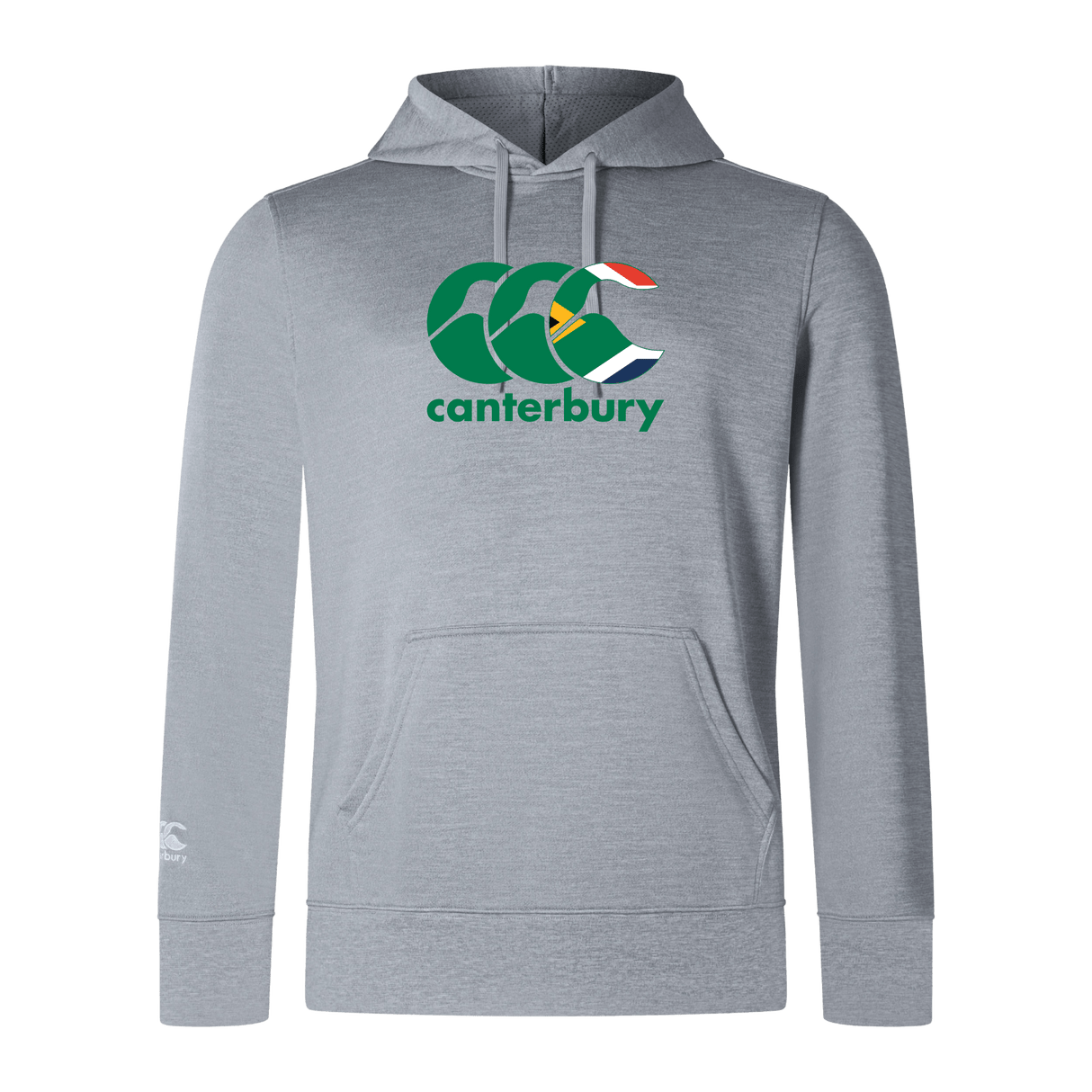 The WRS Canterbury South Africa CCC Club Lightweight Hoodie is a gray polyester hoodie with a large "CCC" logo and "Canterbury" text on the chest. It features a hood and front pocket for comfort and style.