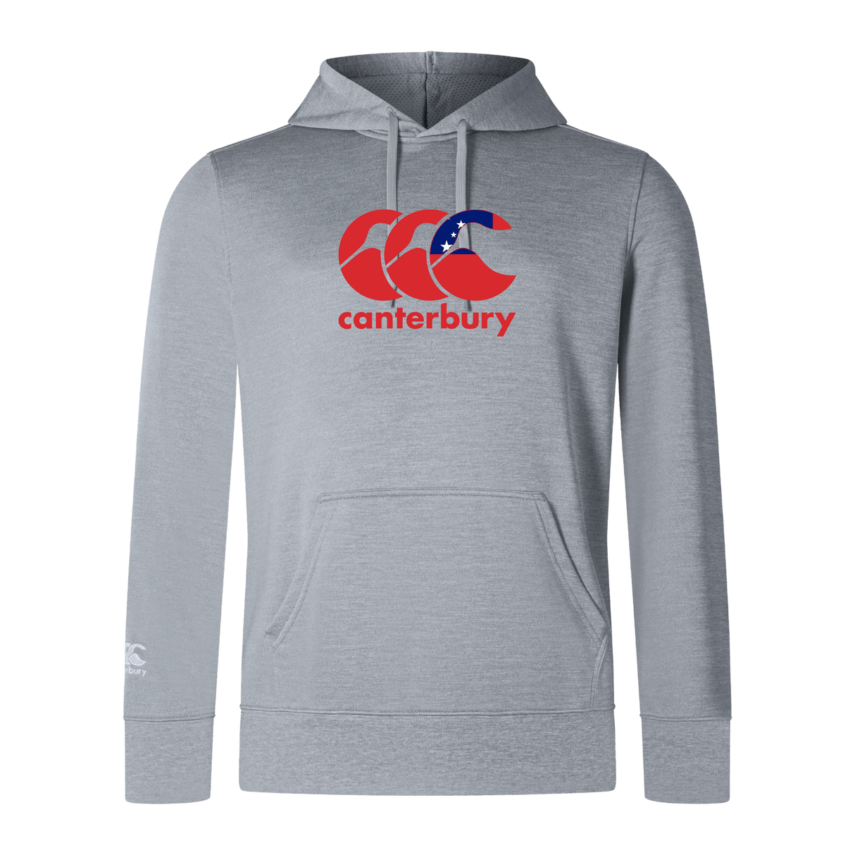 The Canterbury Samoa CCC Club Lightweight Hoodie by WRS Canterbury features a red and blue logo prominently on the gray chest and a smaller white logo on the left sleeve. Made of durable polyester, it offers versatile style and comfort.