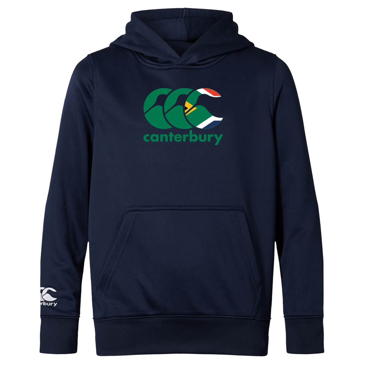 The Canterbury South Africa CCC Club Lightweight Hoodie by WRS Canterbury is navy blue, made of polyester, and features a large logo on the chest with a smaller one on the left sleeve. This lightweight hoodie offers comfort and style for any occasion.