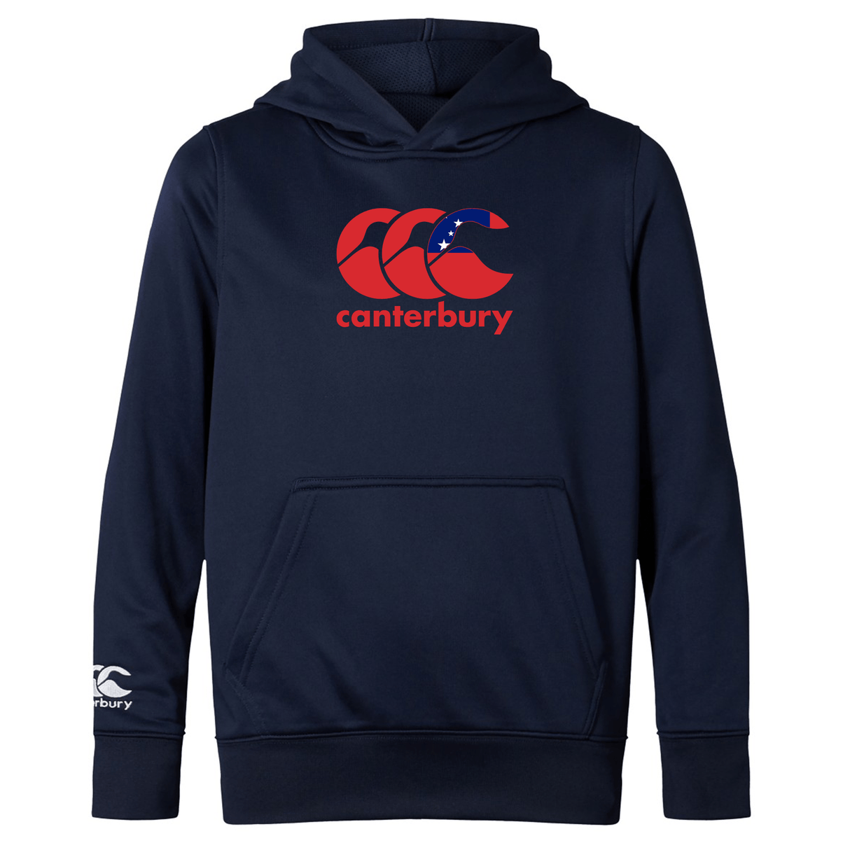 The Canterbury Samoa CCC Club Lightweight Hoodie by WRS Canterbury is a navy hoodie featuring a bold red logo with Samoan flag elements on the chest and a smaller sleeve logo, crafted from high-quality polyester for everyday wear.
