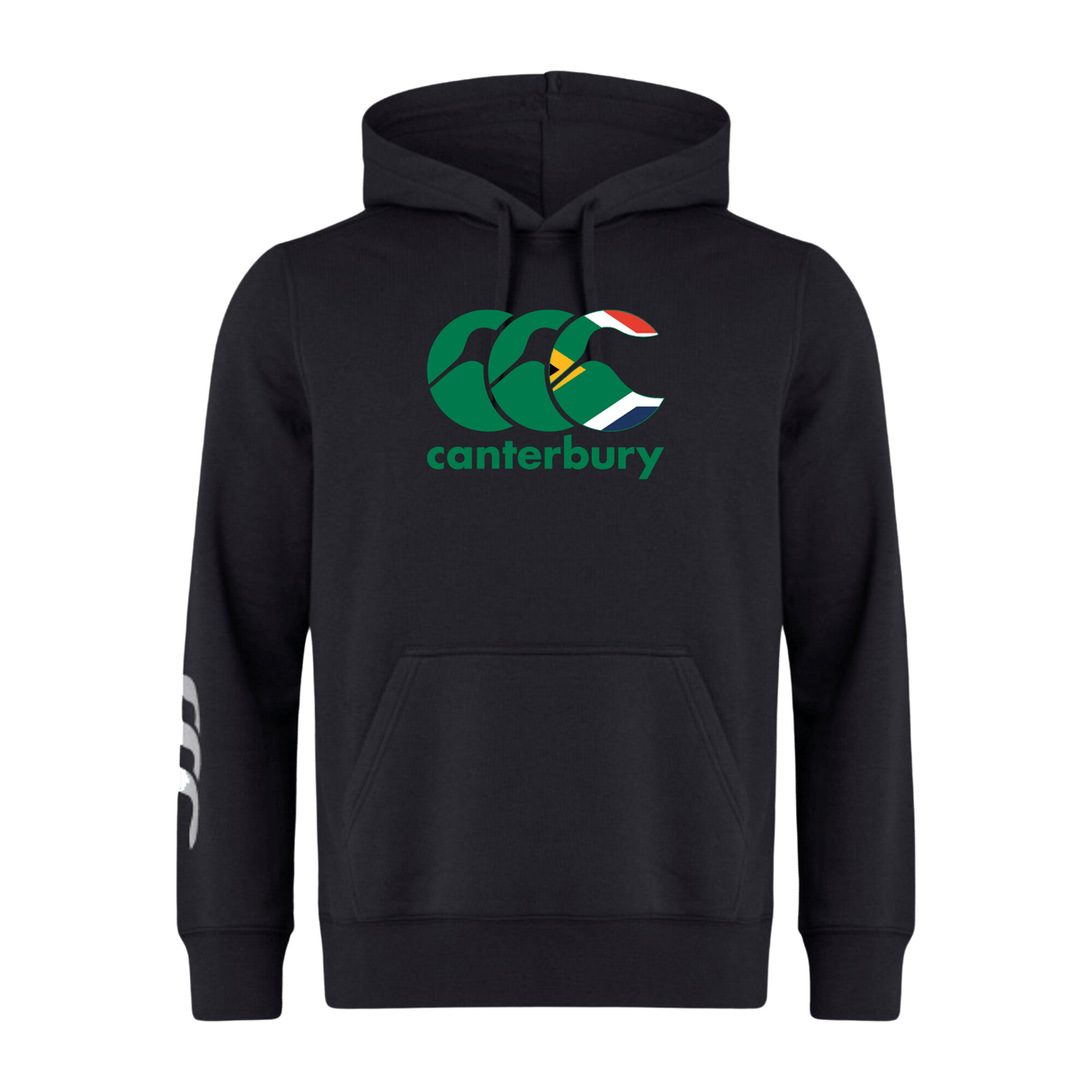 The Canterbury South Africa CCC Flag Club Hoodie by WRS Canterbury features a green, white, and yellow logo on the chest and a white design on the left sleeve.
