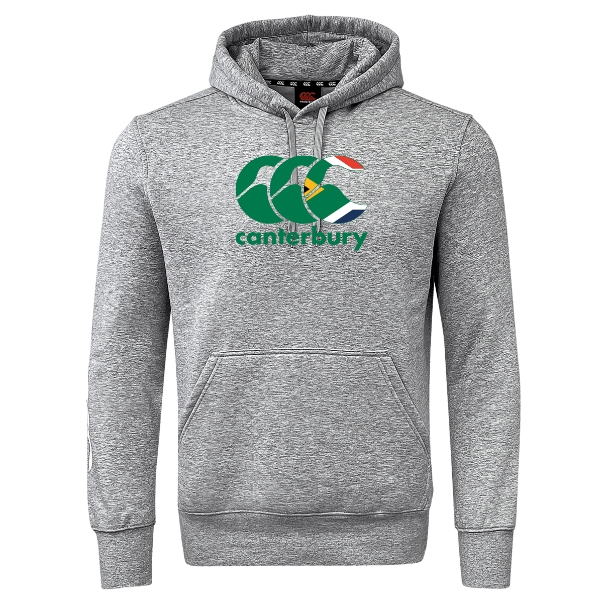 Gray Canterbury South Africa CCC Flag Club Hoodie by WRS Canterbury, showcasing a large front pocket and the iconic CCC logo on the chest.