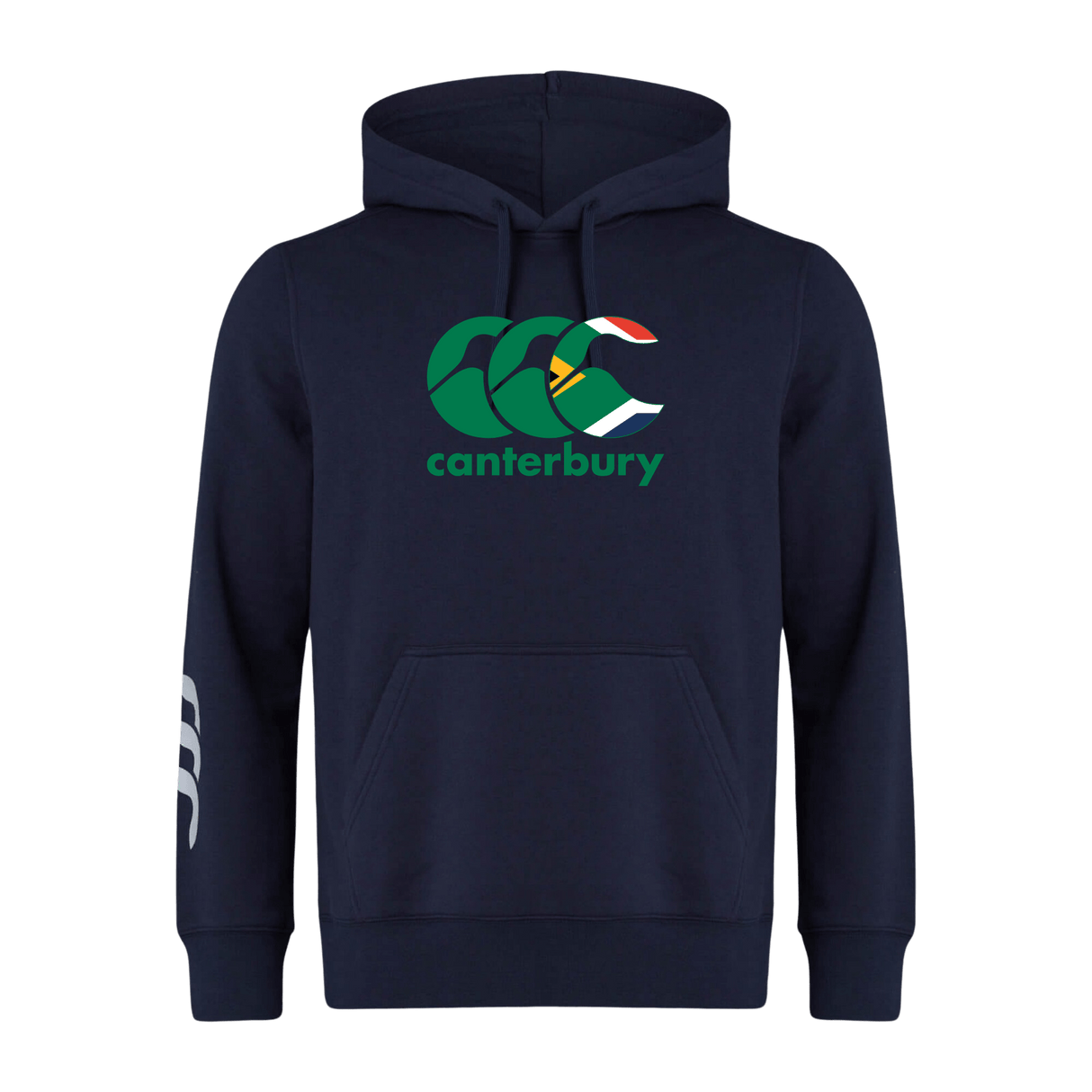 The Canterbury South Africa CCC Flag Club Hoodie by WRS Canterbury is navy blue and features a large CCC logo on the chest with a smaller logo on the left sleeve.
