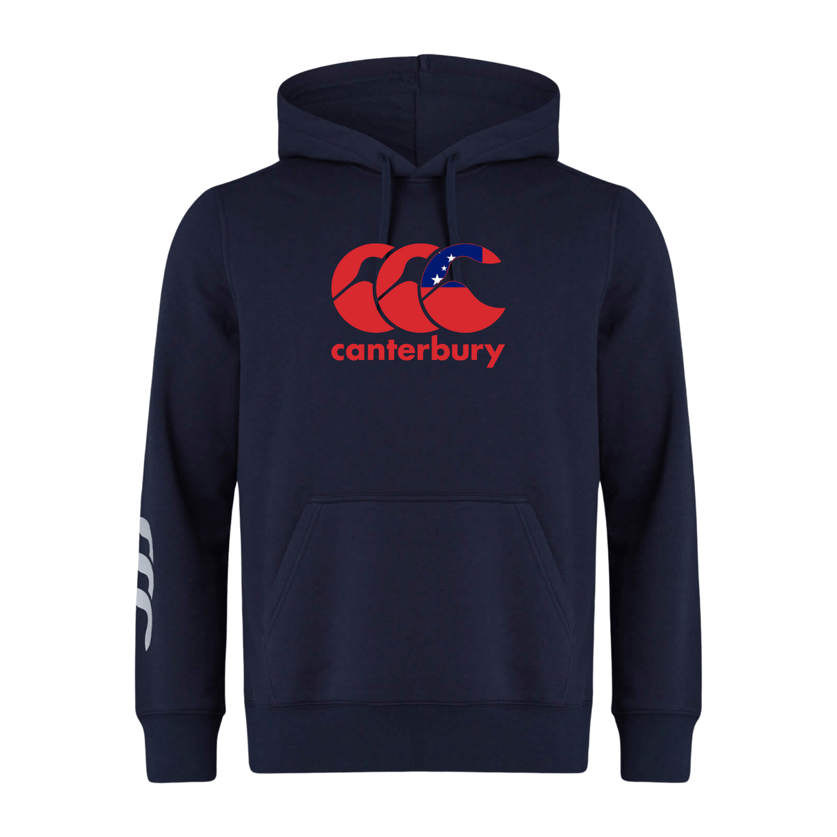 The Canterbury Samoa CCC Flag Club Hoodie by WRS Canterbury features a bold red logo with a Southern Cross motif and "canterbury" text on the chest, plus white stripes on the left sleeve, all in navy blue.
