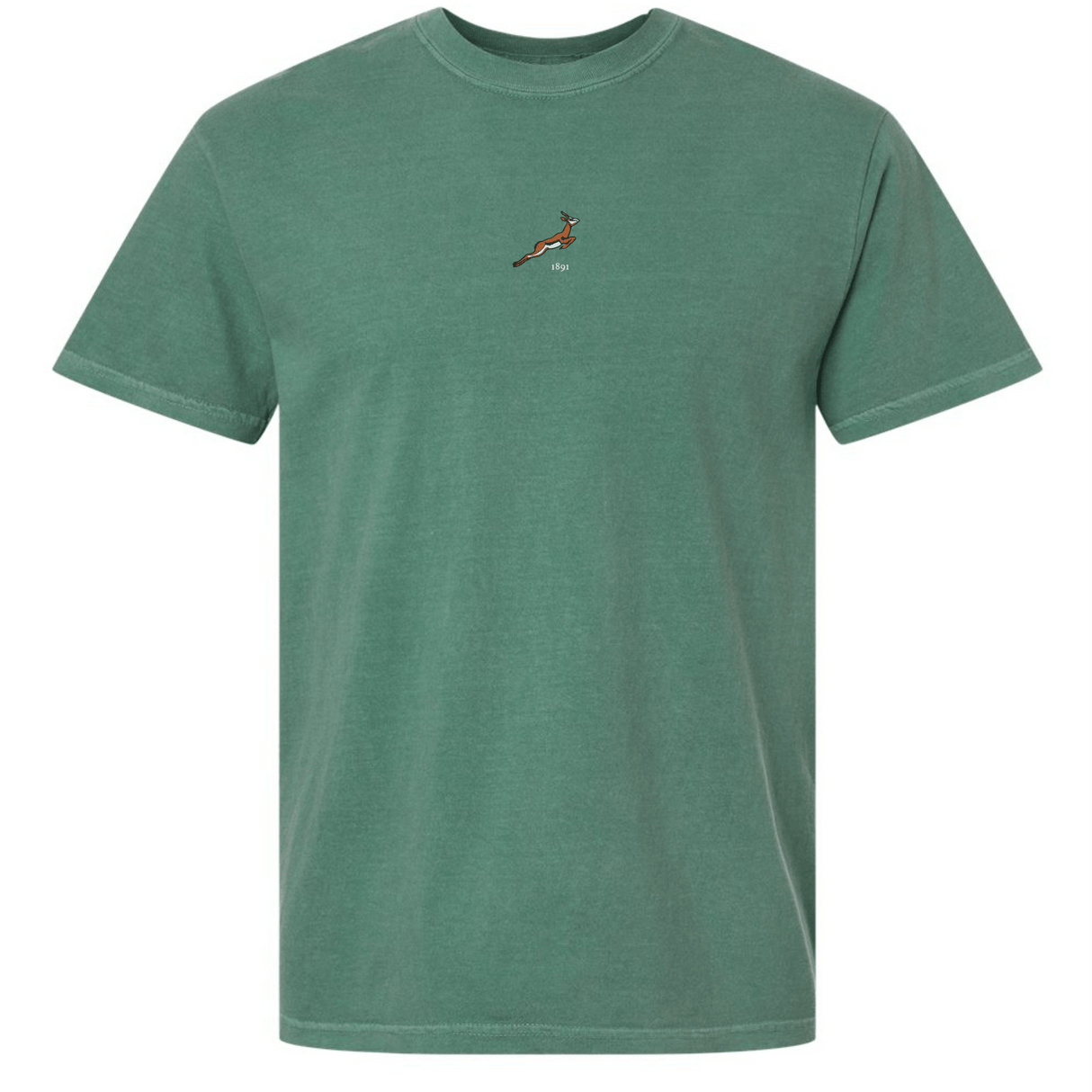 The EMB S&S Activewear South Africa Vintage Comfort Tee is a green short-sleeve heavyweight shirt with a small embroidered antelope logo on the chest, ideal for rugby fans who prefer casual style.