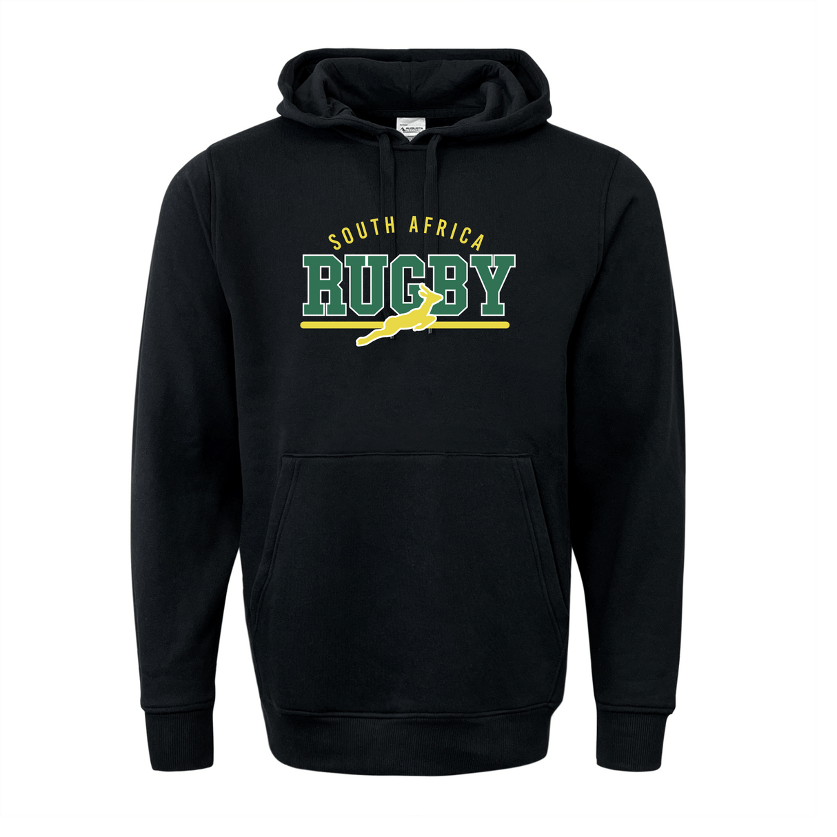 The Nations of Rugby South Africa Wordmark 60/40 Pullover Hoodie by WRS Augusta features a black design with "South Africa Rugby" text and a jumping springbok logo on the front.