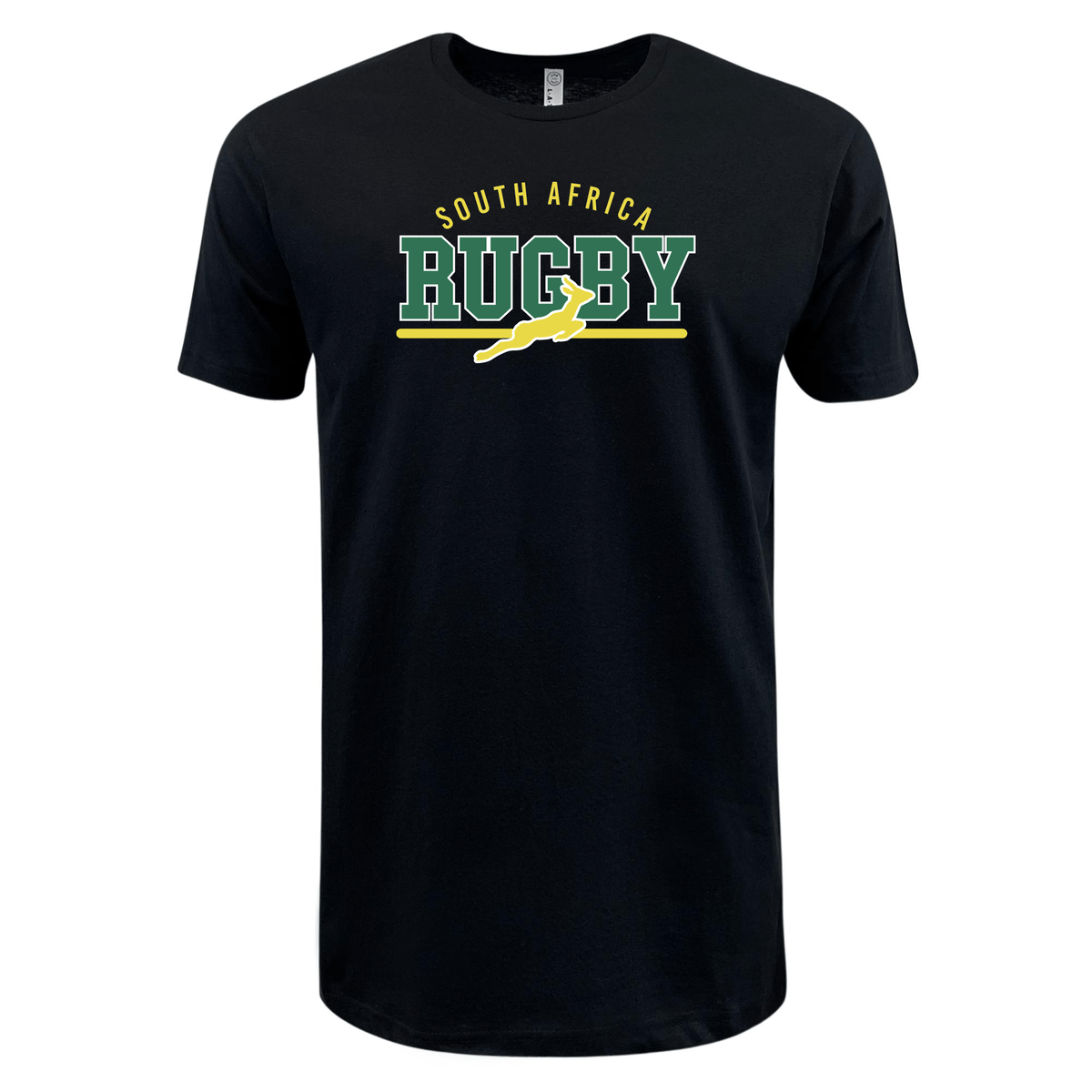 The Nations of Rugby South Africa Wordmark Supersoft Tee by WRS LAT is a black, ultra-soft shirt adorned with "South Africa Rugby" text and a green and yellow springbok graphic on the front, celebrating the Nations of Rugby.