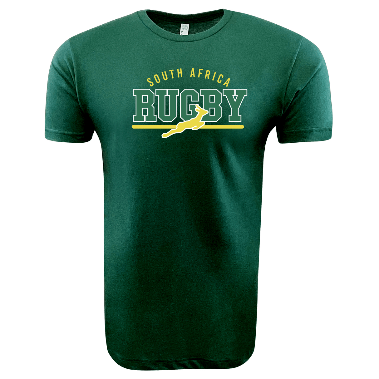 The WRS LAT Nations of Rugby South Africa Wordmark Supersoft Tee features "South Africa Rugby" printed in yellow and white text on the front, along with a yellow silhouette of a springbok. This exceptionally soft green t-shirt is ideal for fans of Nations of Rugby.